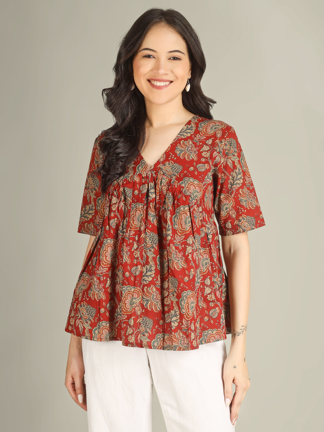 Maroon Printed Half-Sleeve Alia-Cut Cotton Top