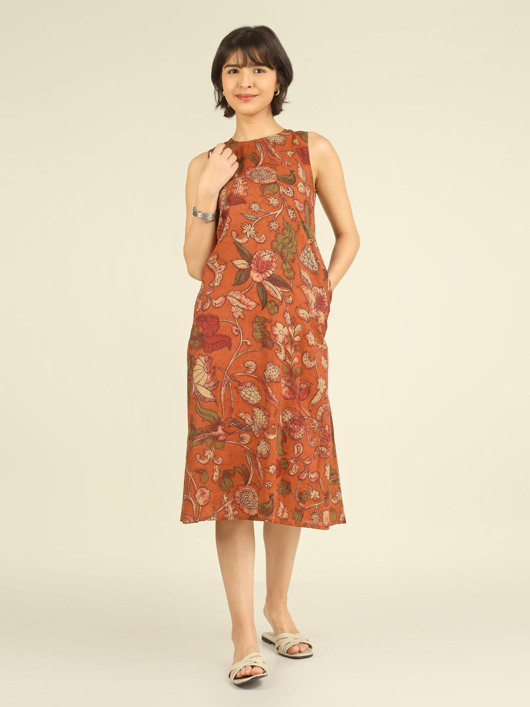 Orange Printed Sleeveless A-Line Cotton Dress