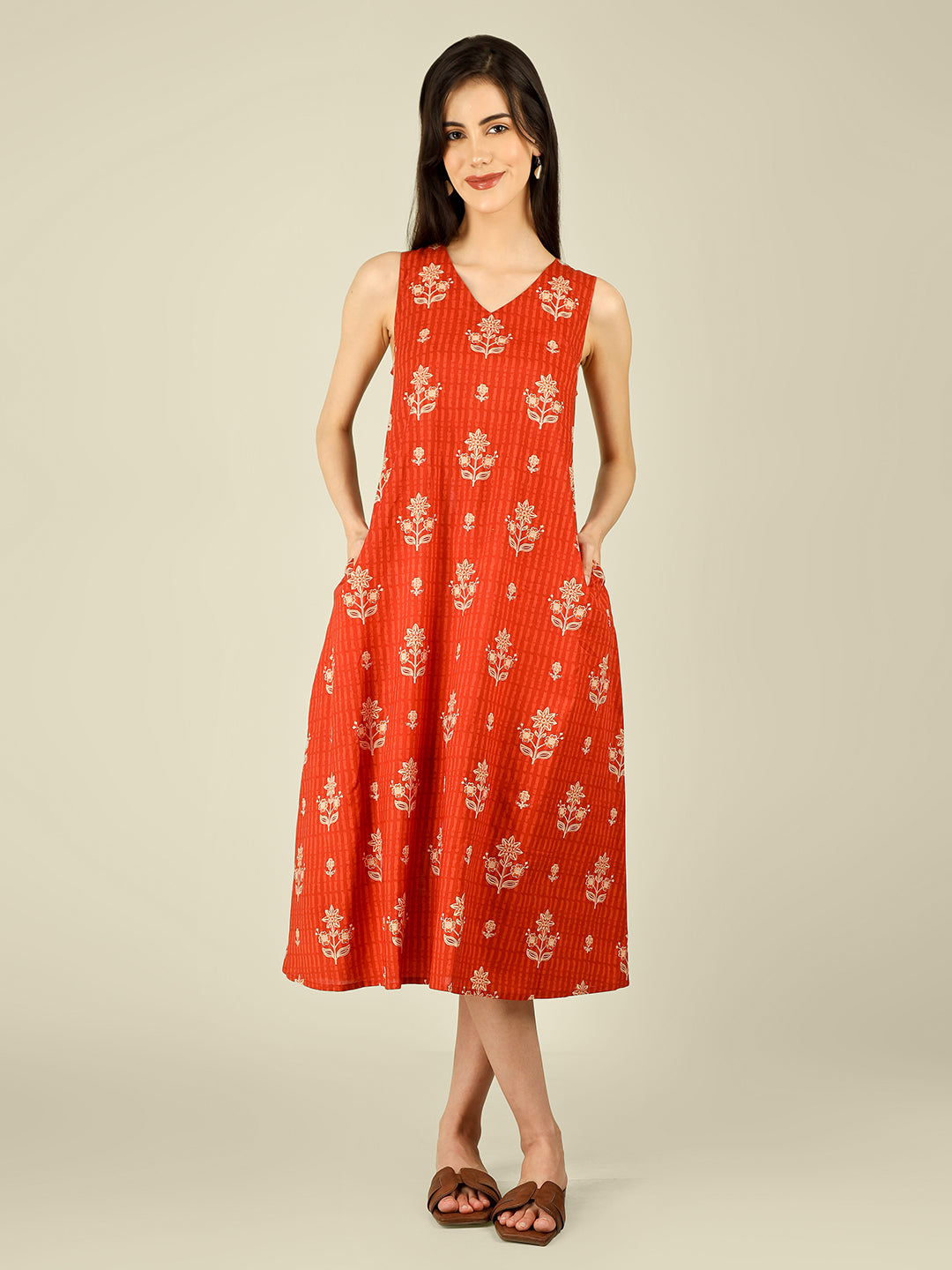 Orange Printed V-Neck Sleeveless A-Line Cotton Dress