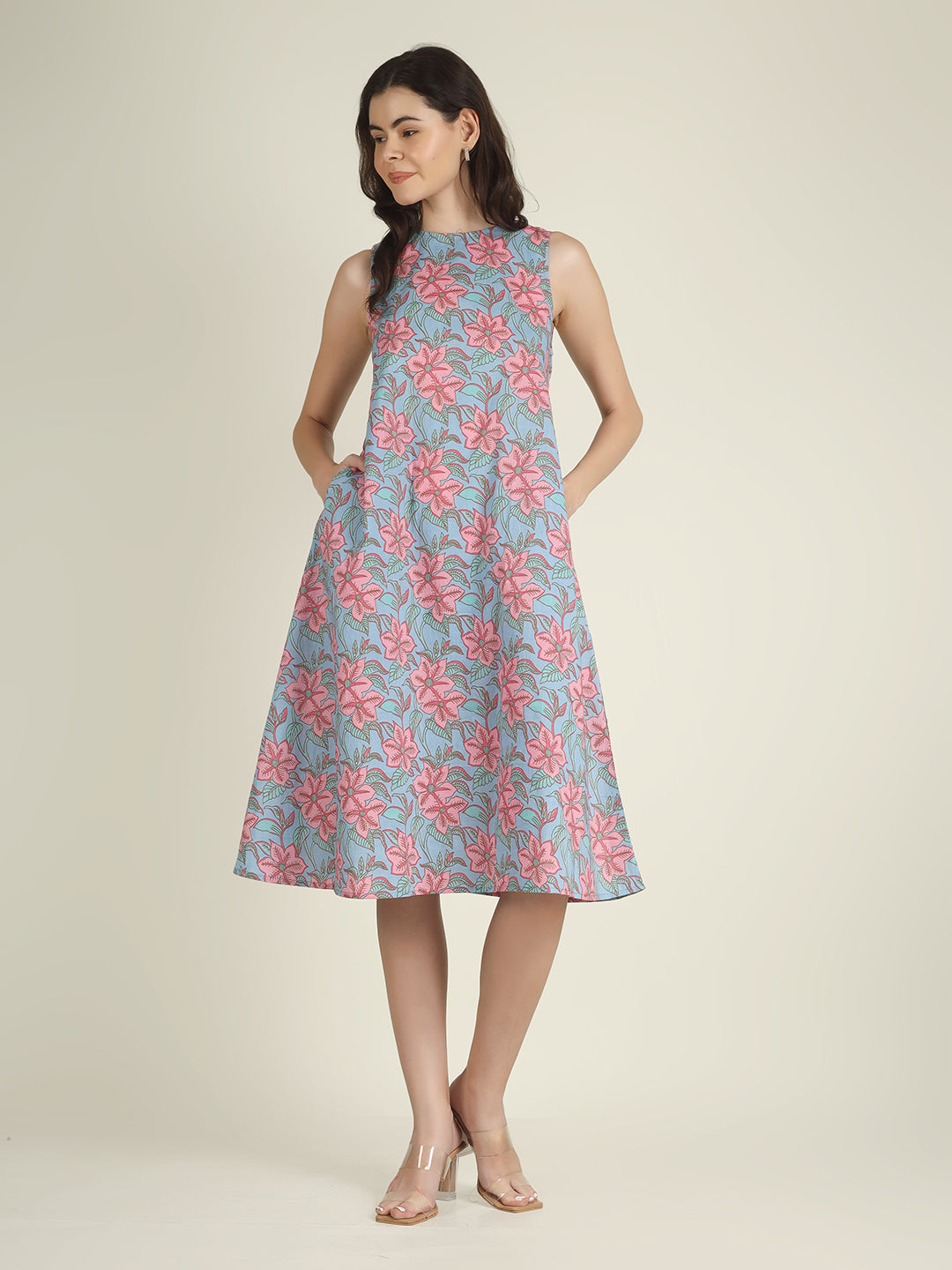 Sky Blue Printed Sleeveless A-Line Cotton Dress