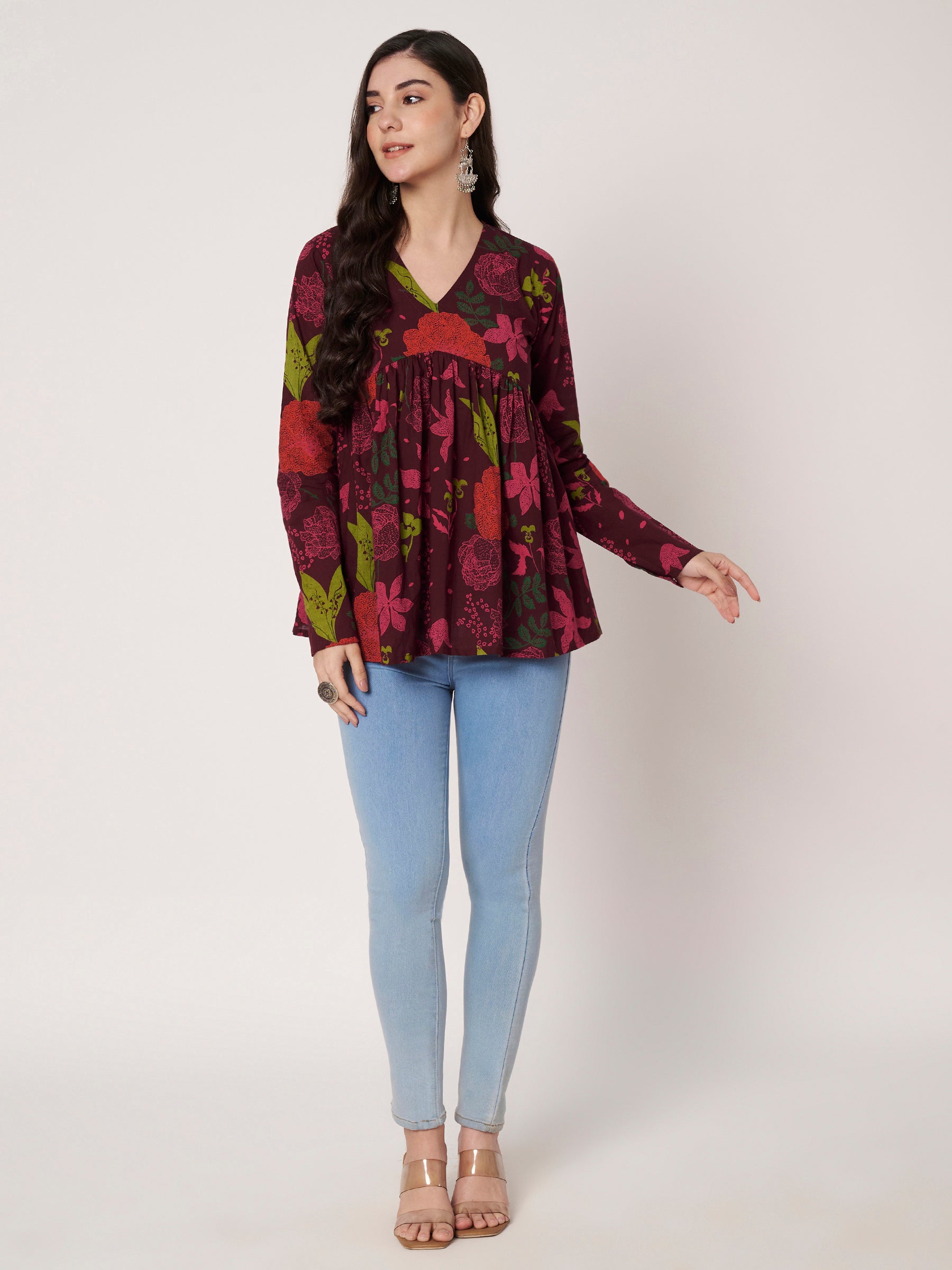 Wine Printed Alia-Cut Cotton Top