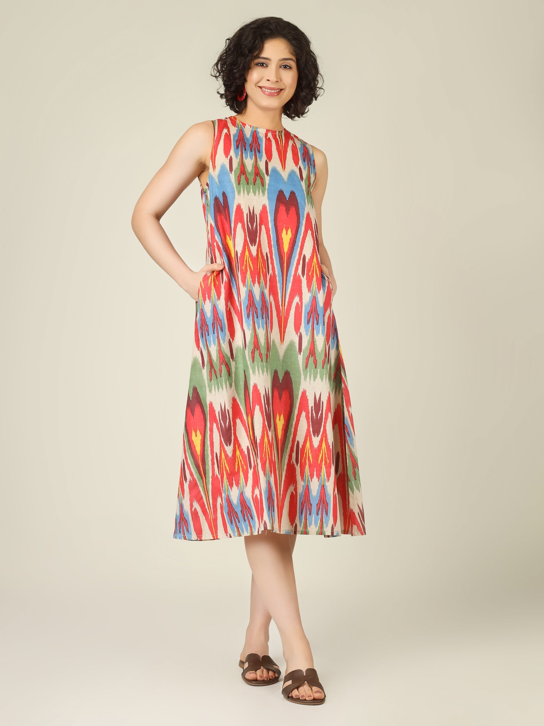 Off-White Ikkat Print Sleeveless A-Line Cotton Dress