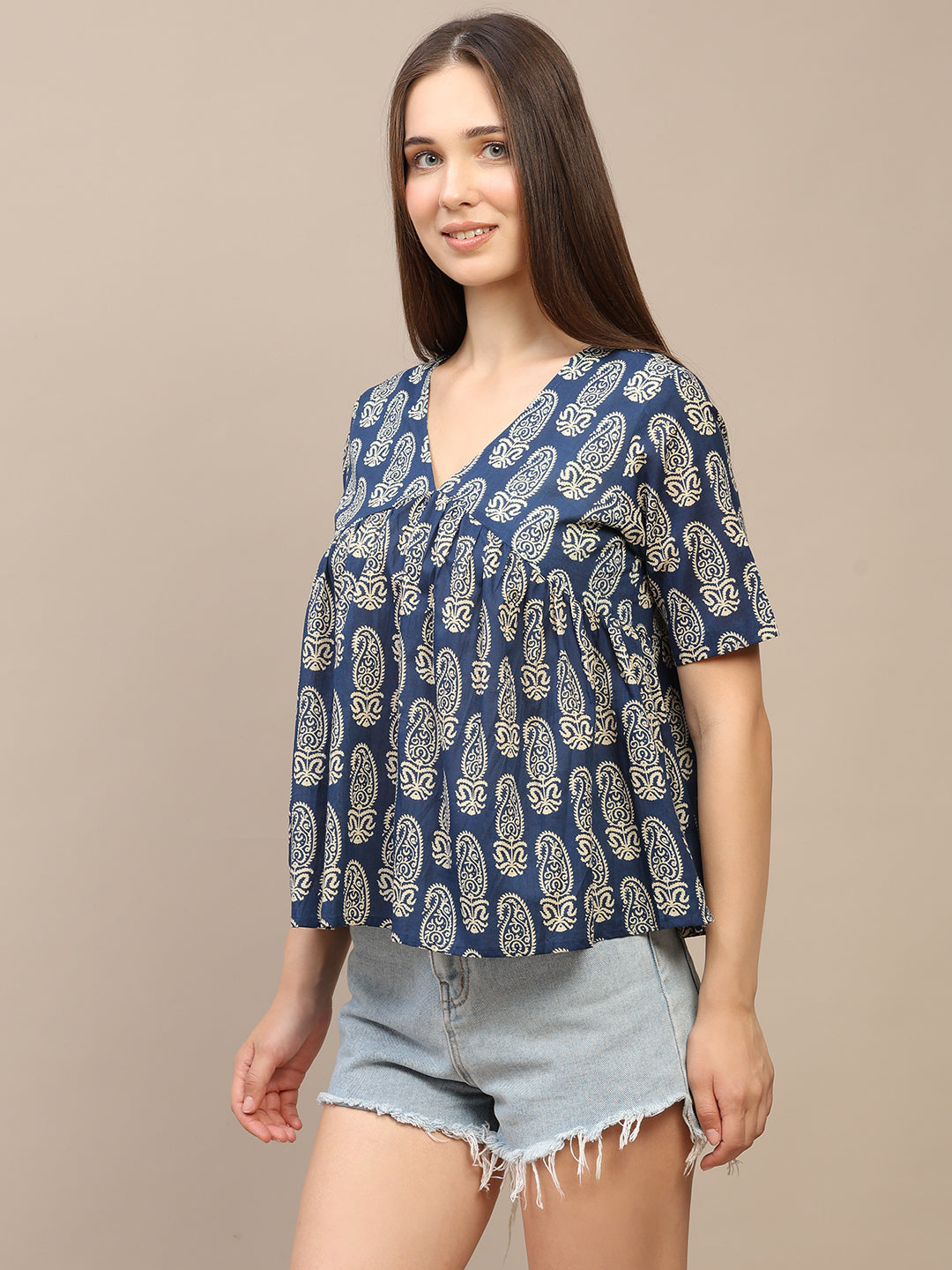 Blue Printed Half-Sleeve Alia-Cut Cotton Top