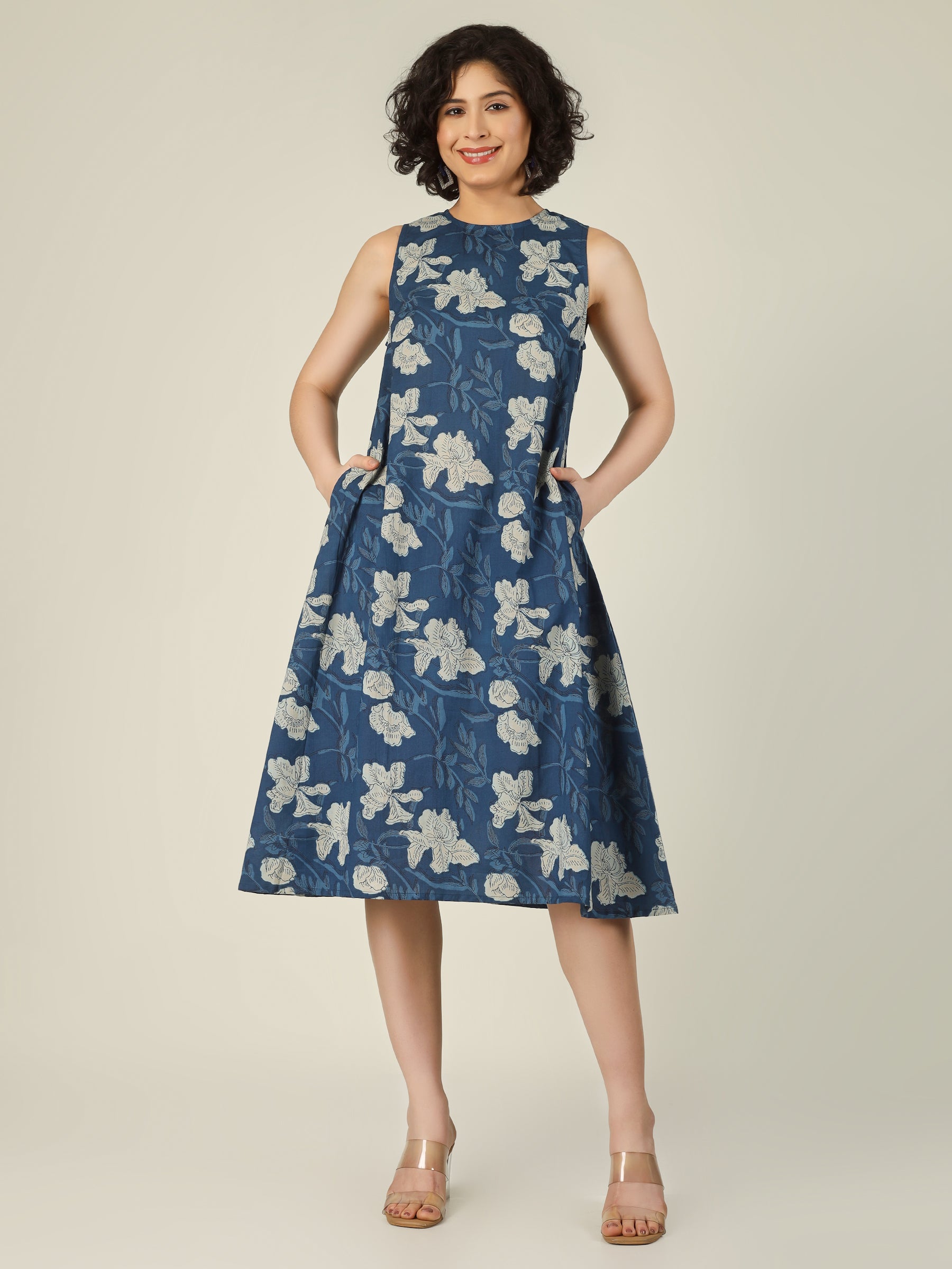 Blue Printed Sleeveless A-Line Cotton Dress
