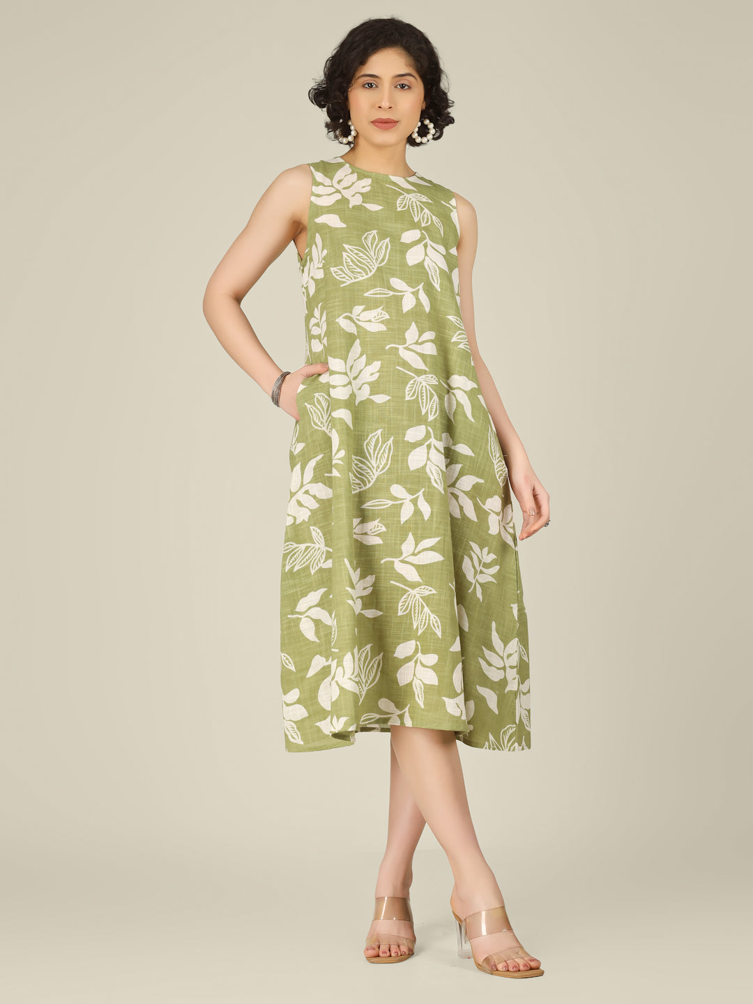 Sage Green Printed Sleeveless A-Line Cotton Dress