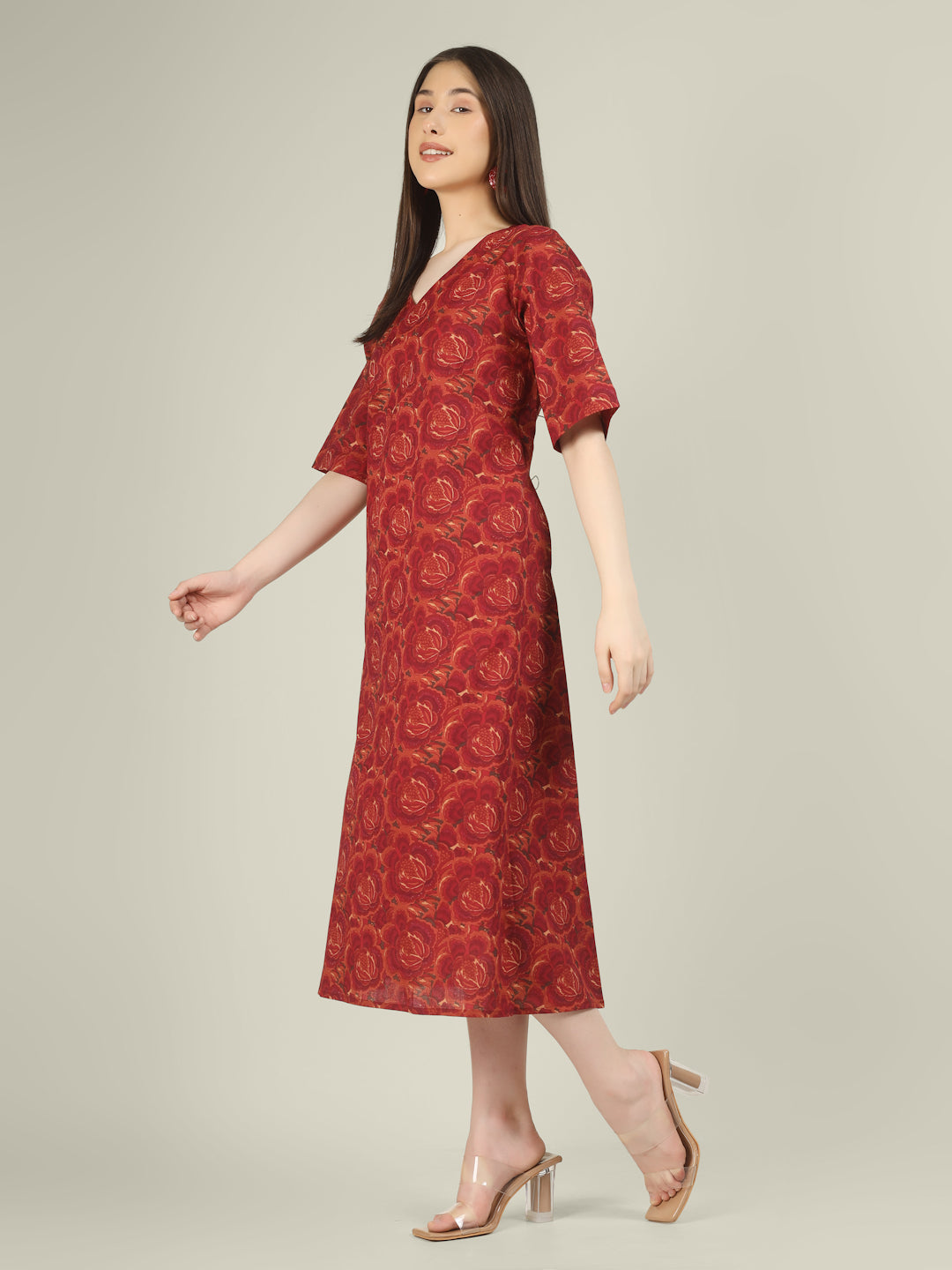 Pink Printed Half-Sleeve A-Line Cotton Dress
