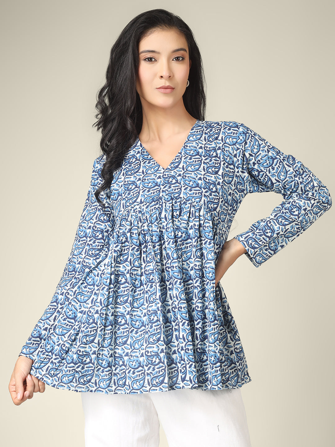 Blue Printed Alia-Cut Cotton Peplum Top
