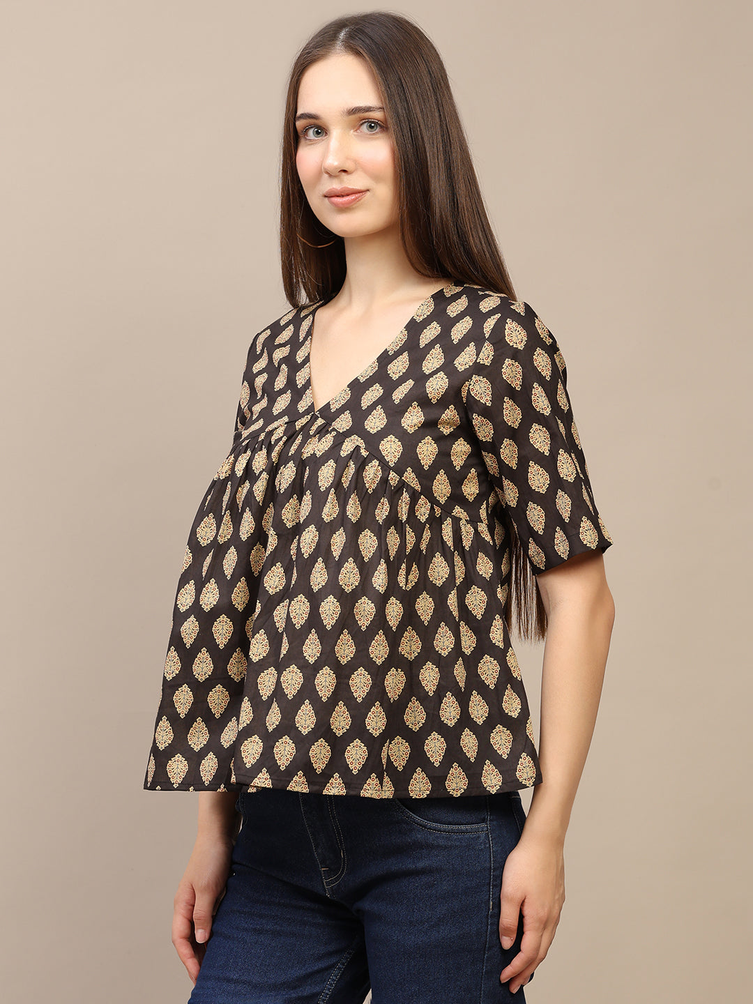 Black Printed Half-Sleeve Peplum Top
