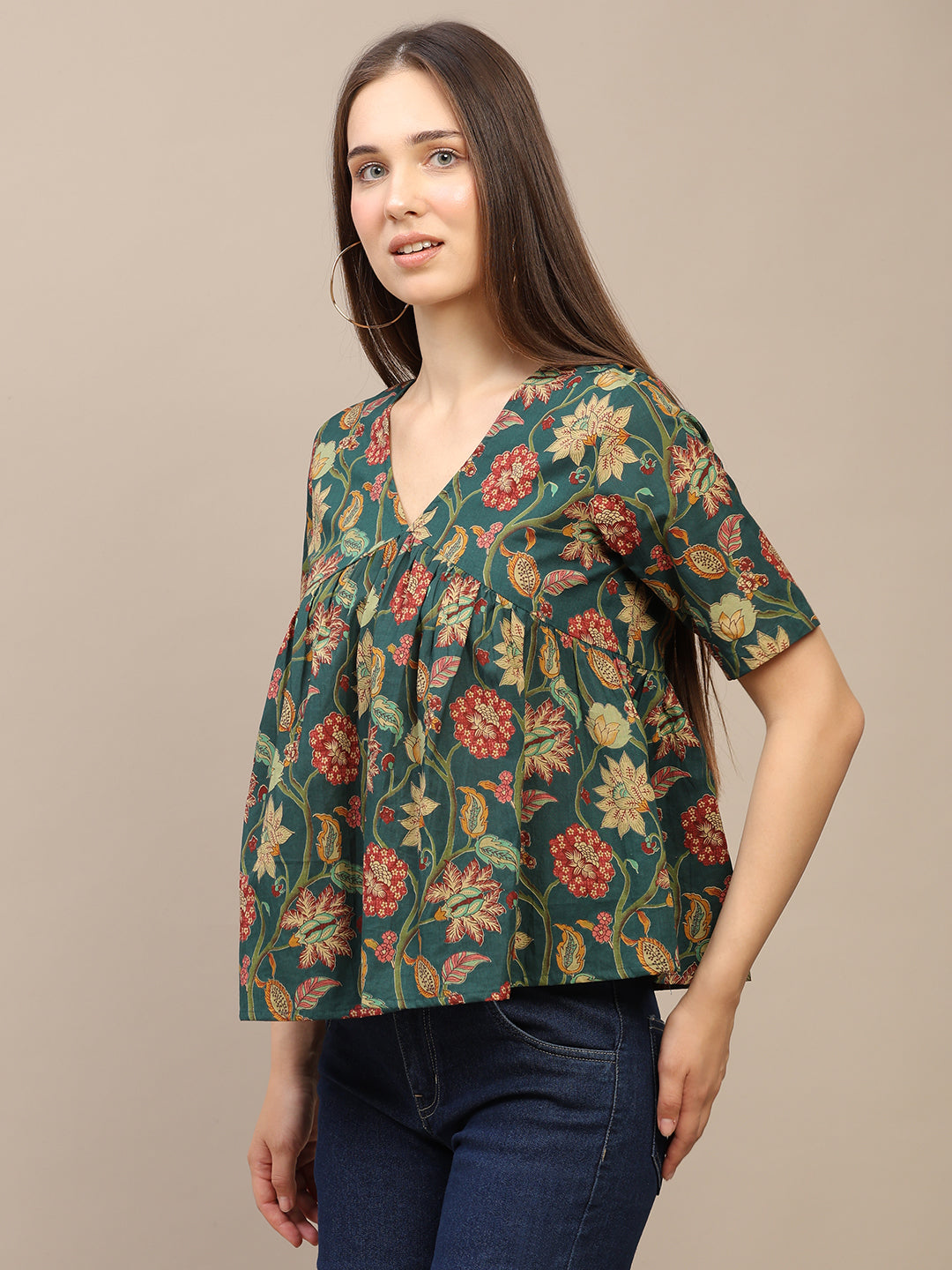 Green Printed Half-Sleeve Alia-Cut Cotton Top