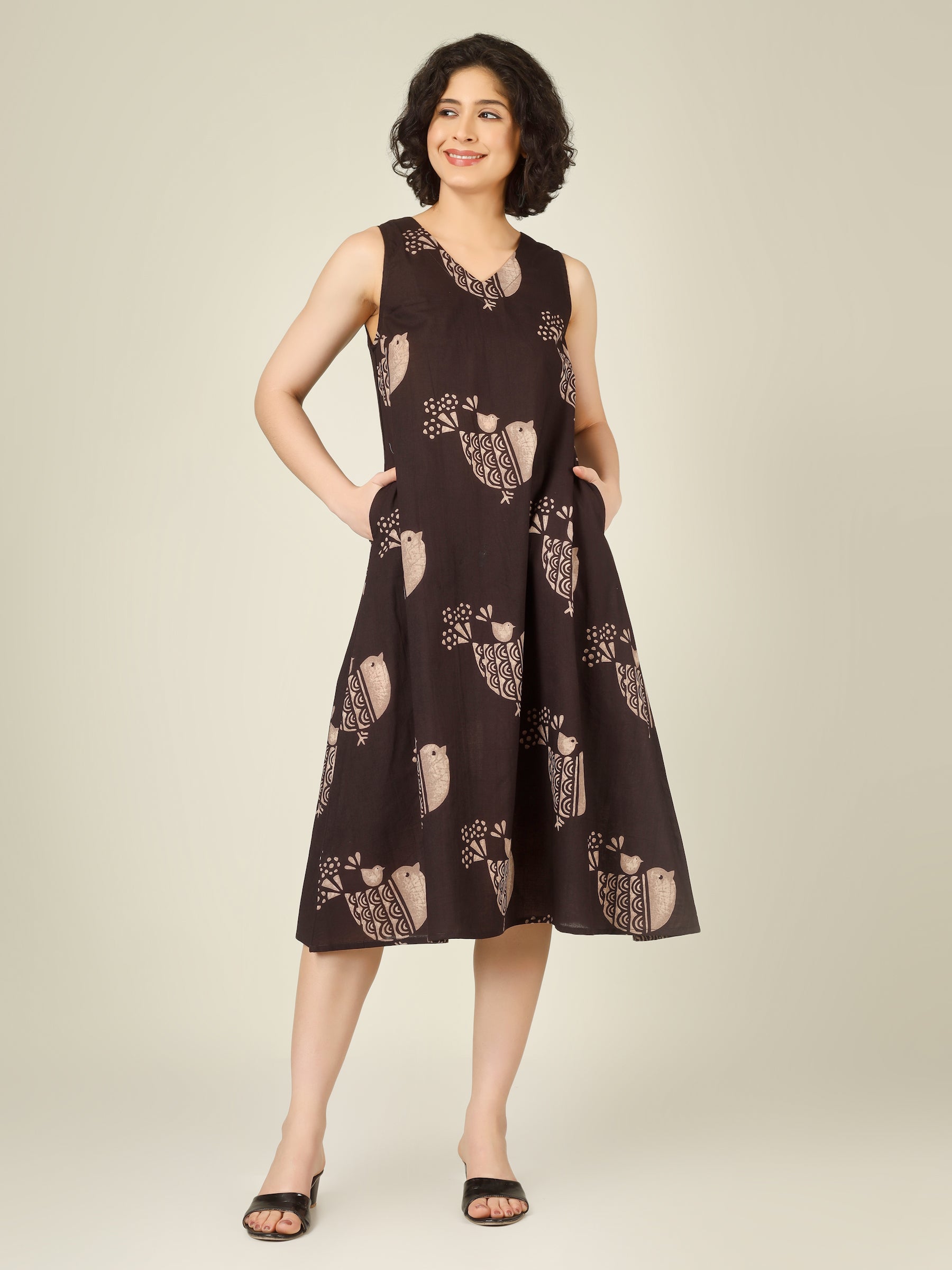 Brown Printed V-Neck Sleeveless A-Line Cotton Dress