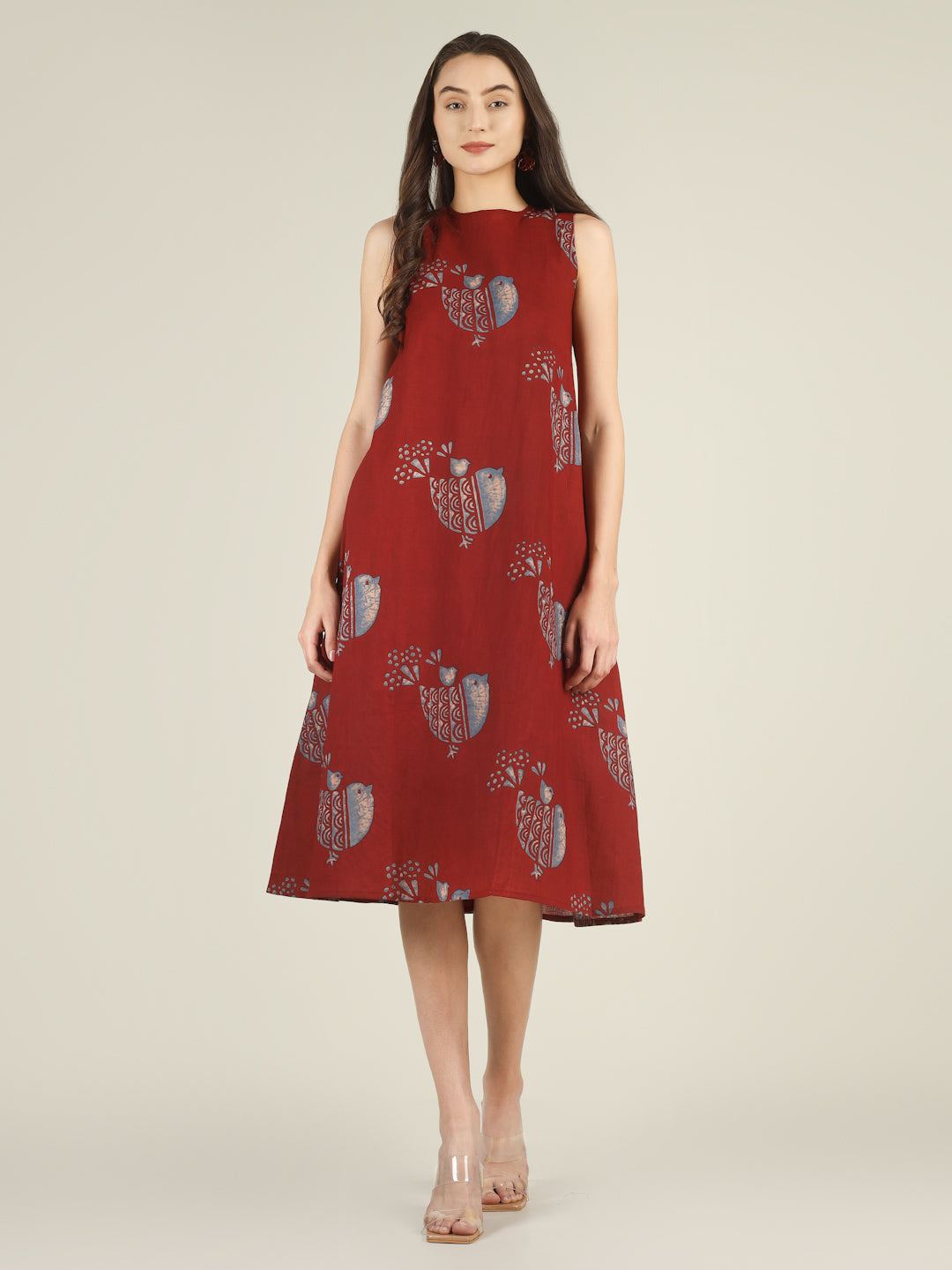 Red Printed Sleeveless A-Line Cotton Dress
