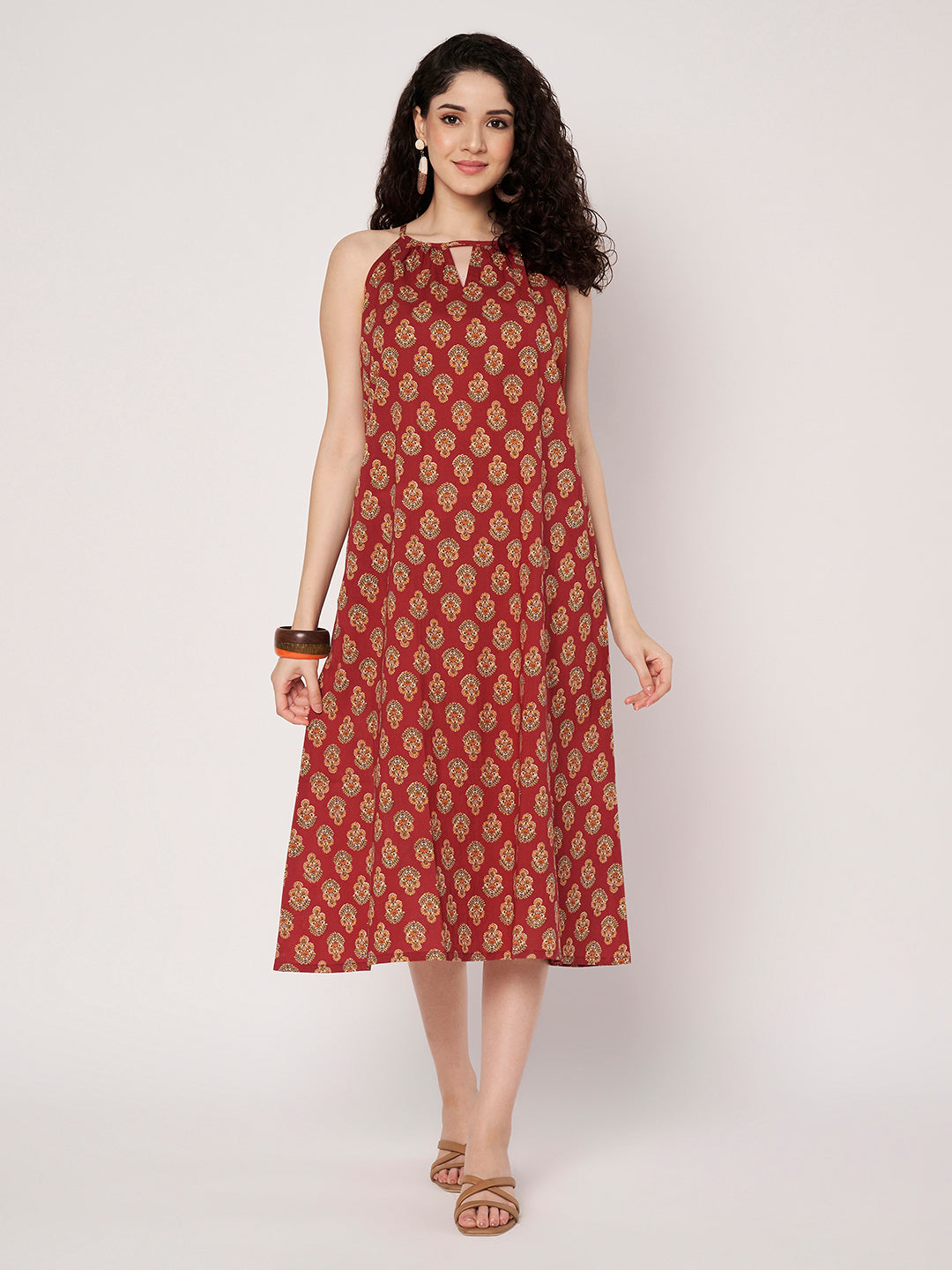 Maroon Printed Sleeveless A-Line Cotton Dress