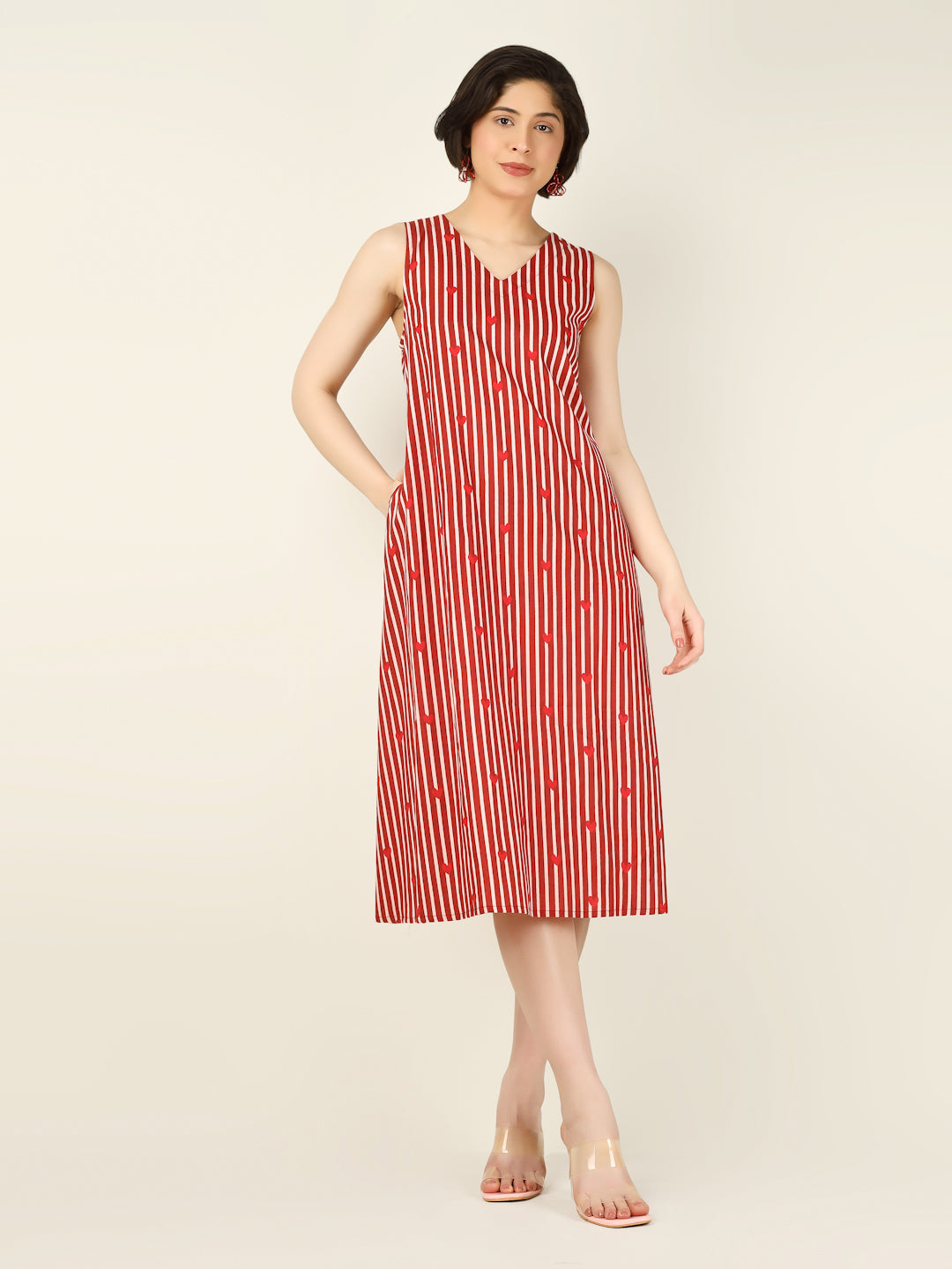 Red Striped Sleeveless V-Neck A-Line Cotton Dress