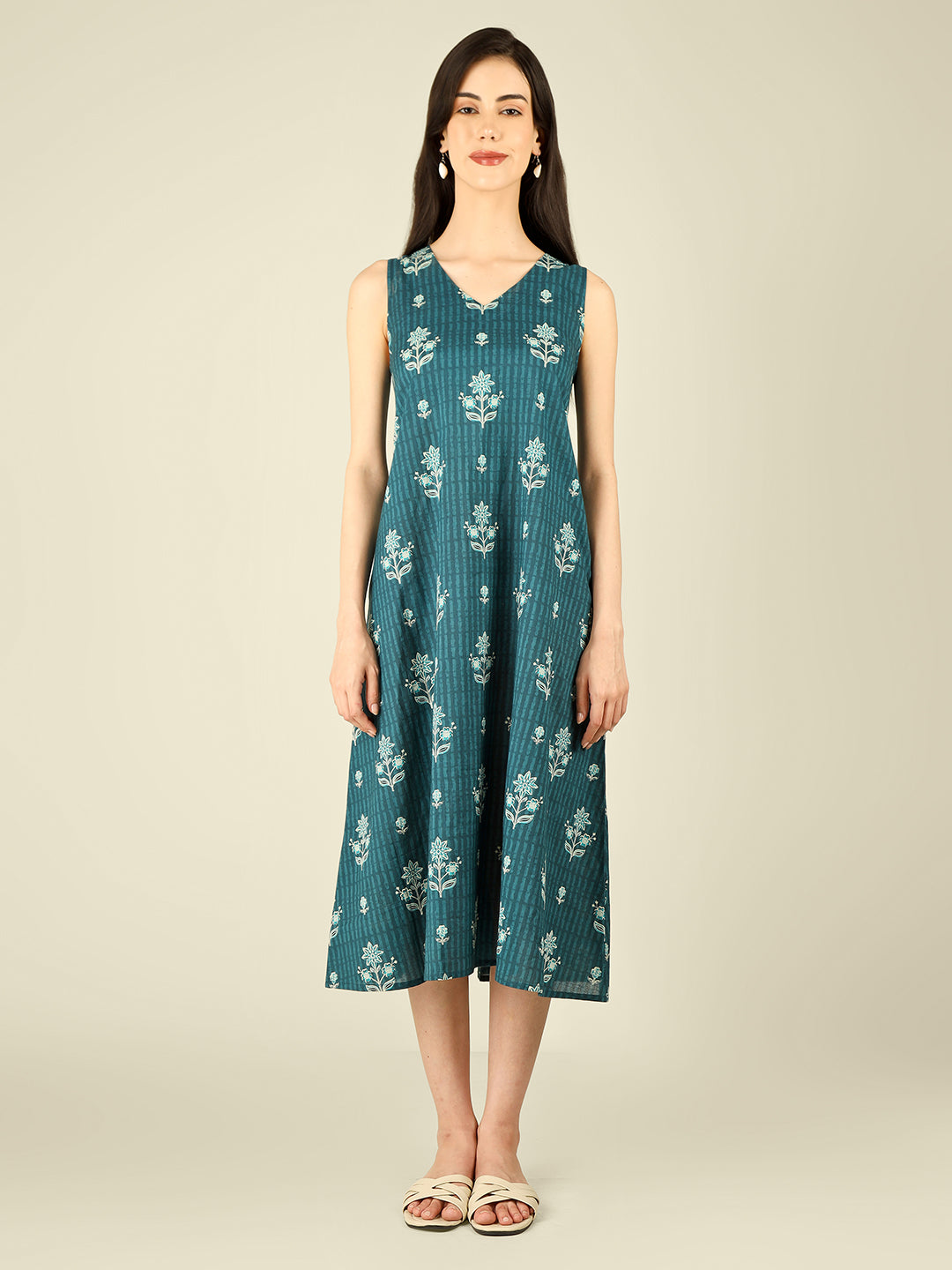 Teal Blue Printed V-Neck Sleeveless A-Line Cotton Dress