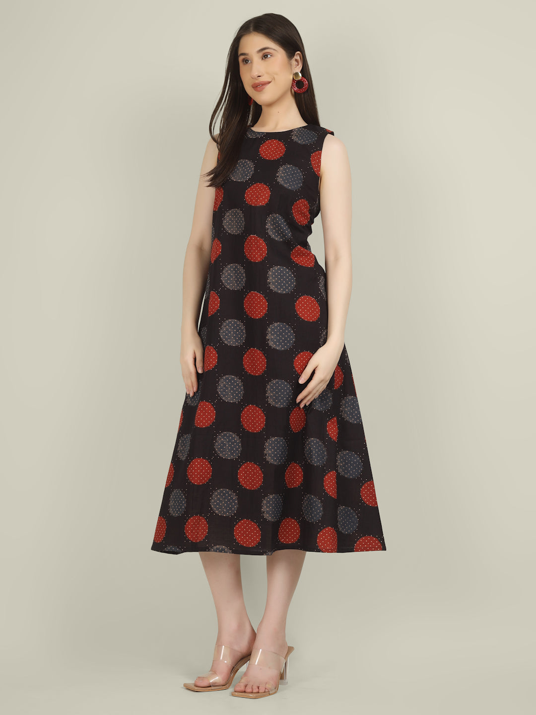 Black Printed Sleeveless A-Line Cotton Dress