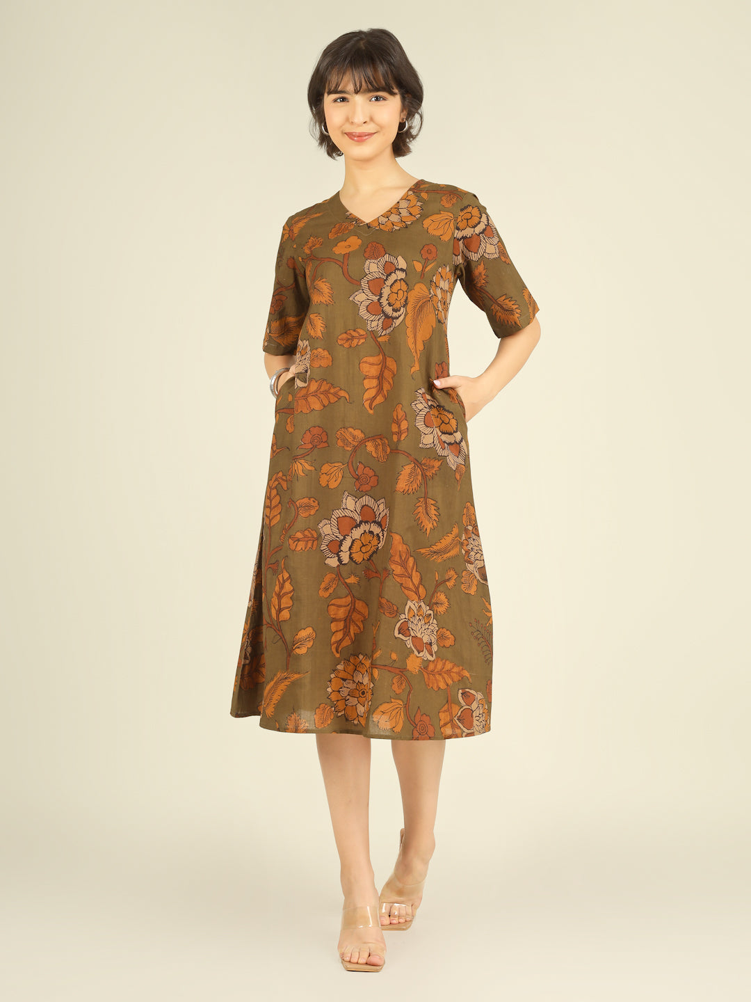 Olive Printed Half-Sleeve A-Line Cotton Dress