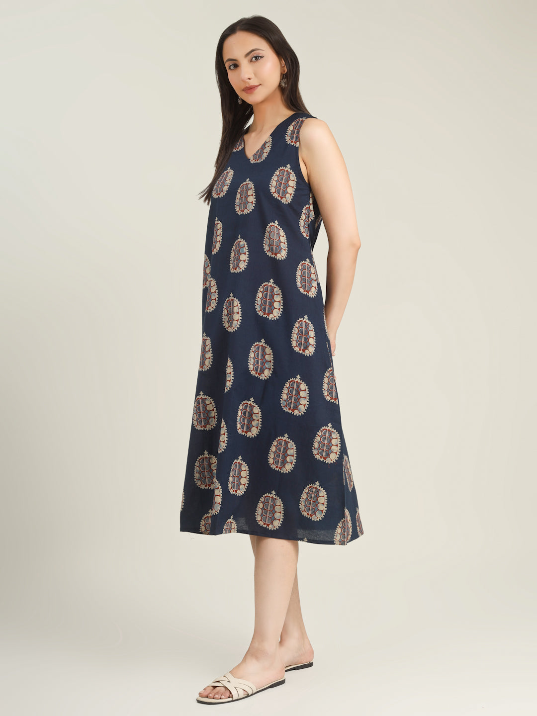 Blue Printed Sleeveless V-Neck A-Line Cotton Dress