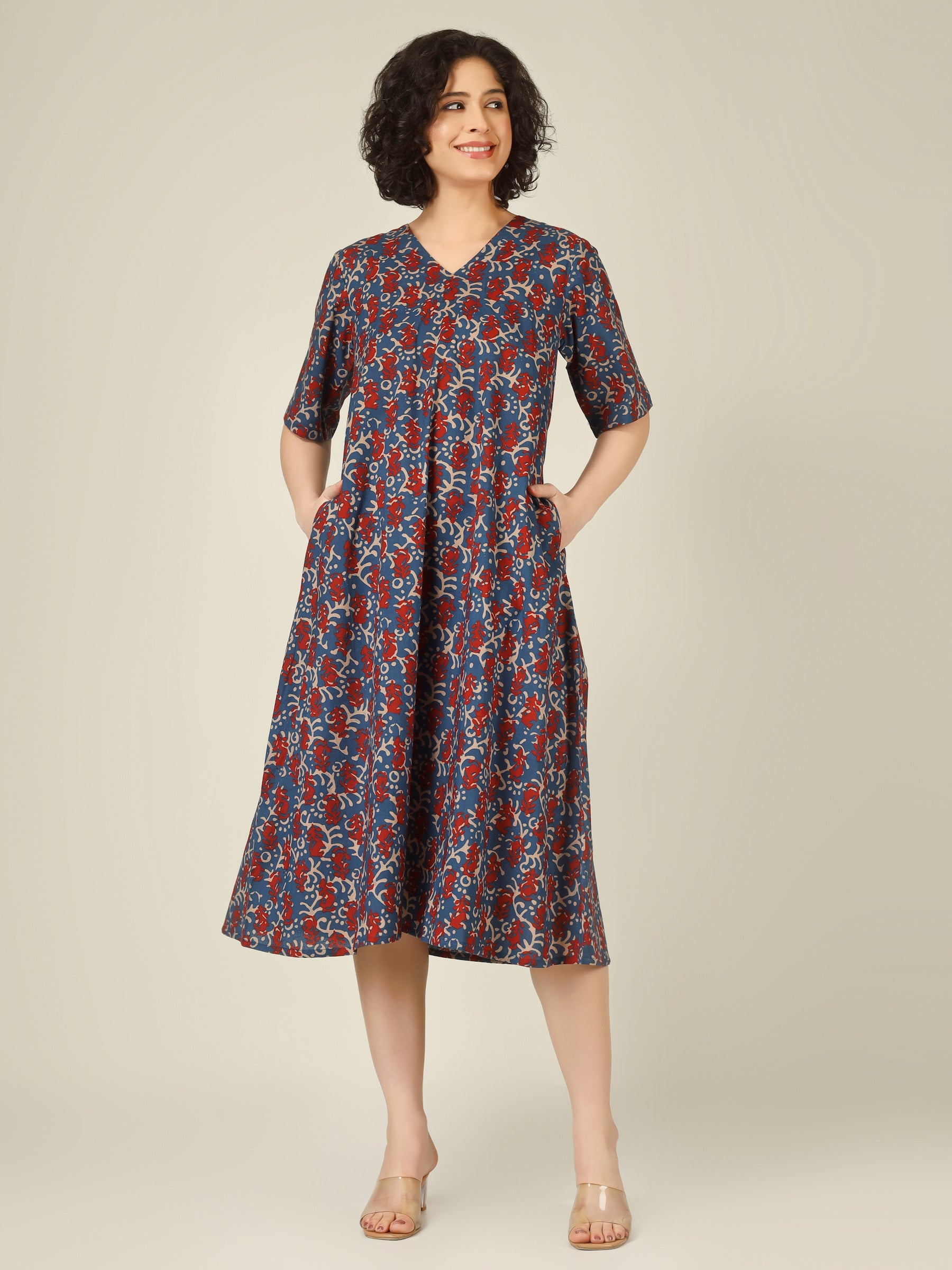Blue Printed Half-Sleeve A-Line Cotton Dress