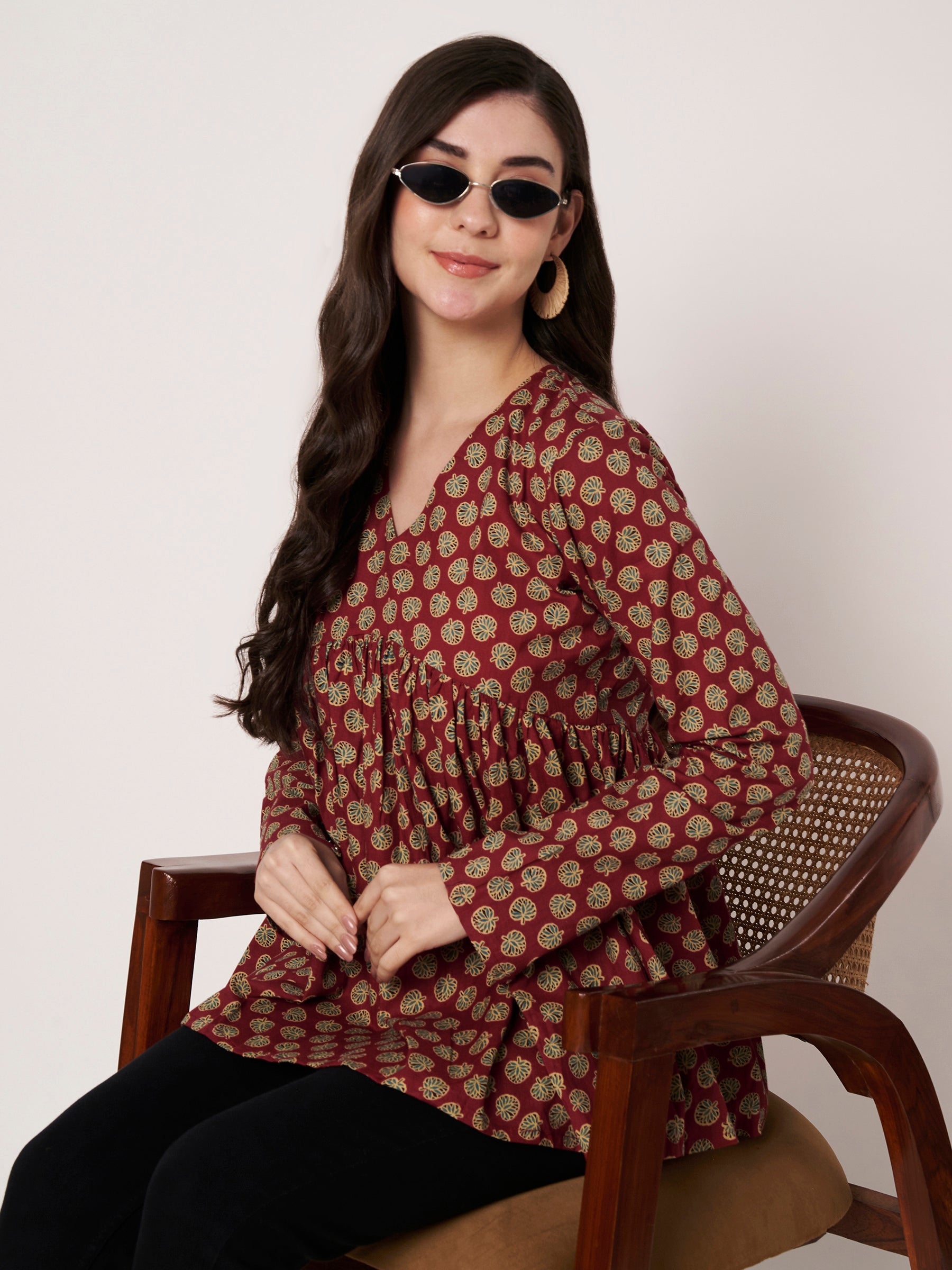 Maroon Printed Alia-Cut Cotton Top