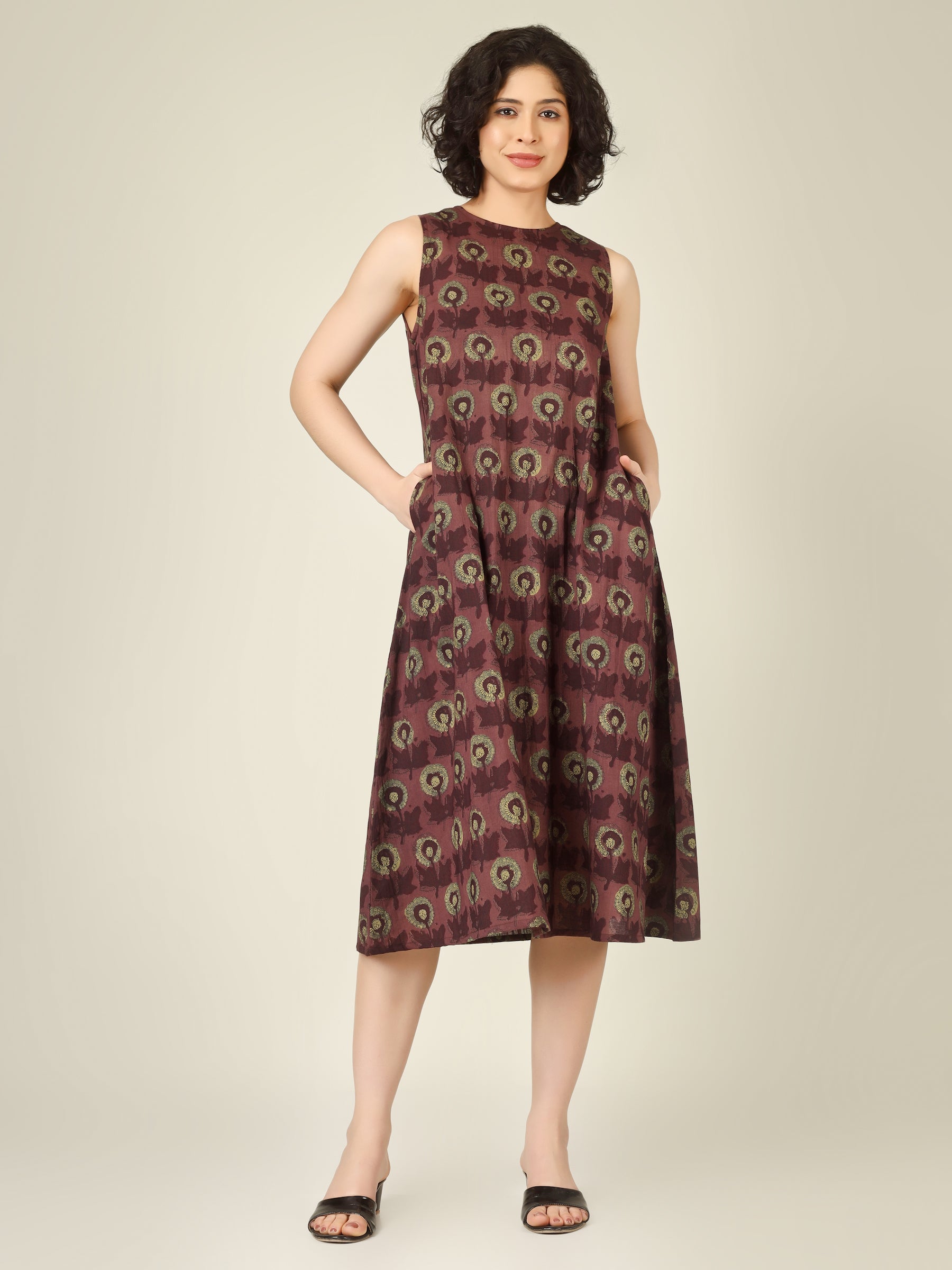 Brownish Red Printed Sleeveless A-Line Cotton Dress