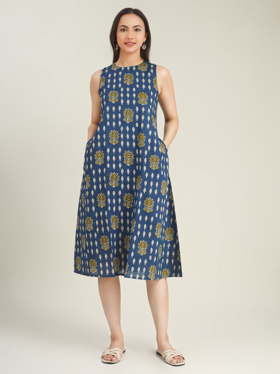 Blue Printed Sleeveless A-Line Cotton Dress