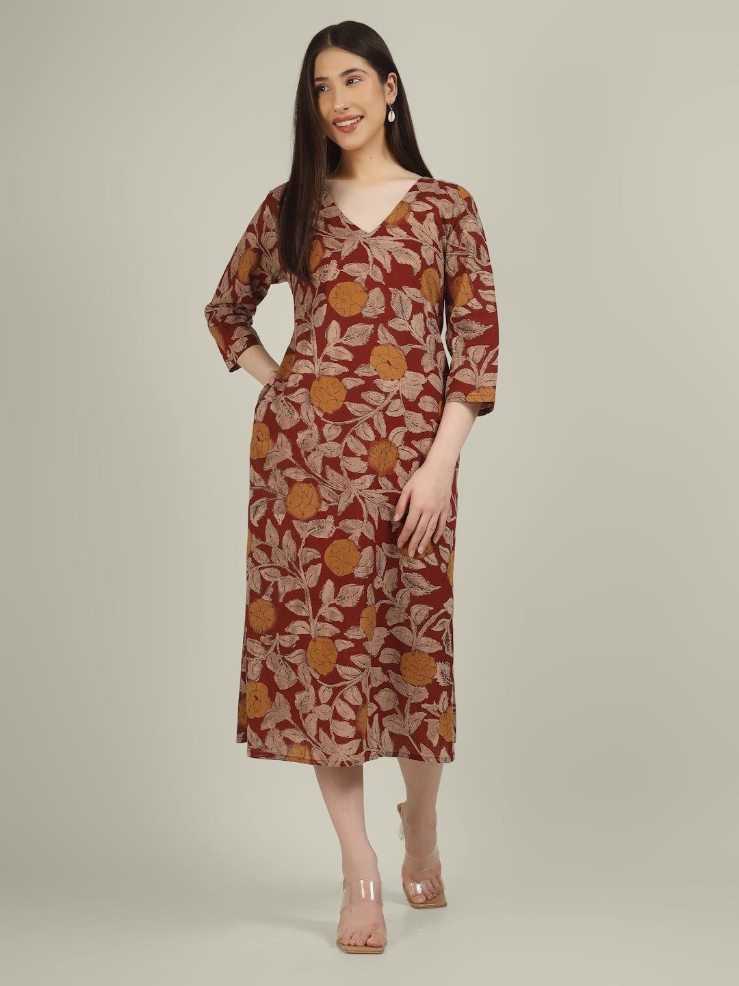 Maroon Printed 3/4th Sleeve A-Line Cotton Dress