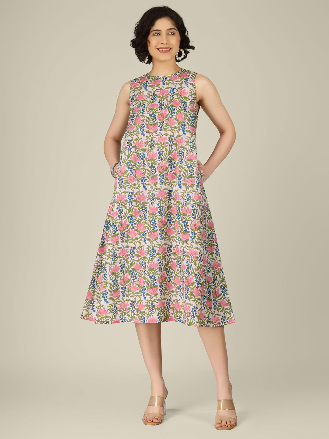 White Printed Sleeveless A-Line Cotton Dress