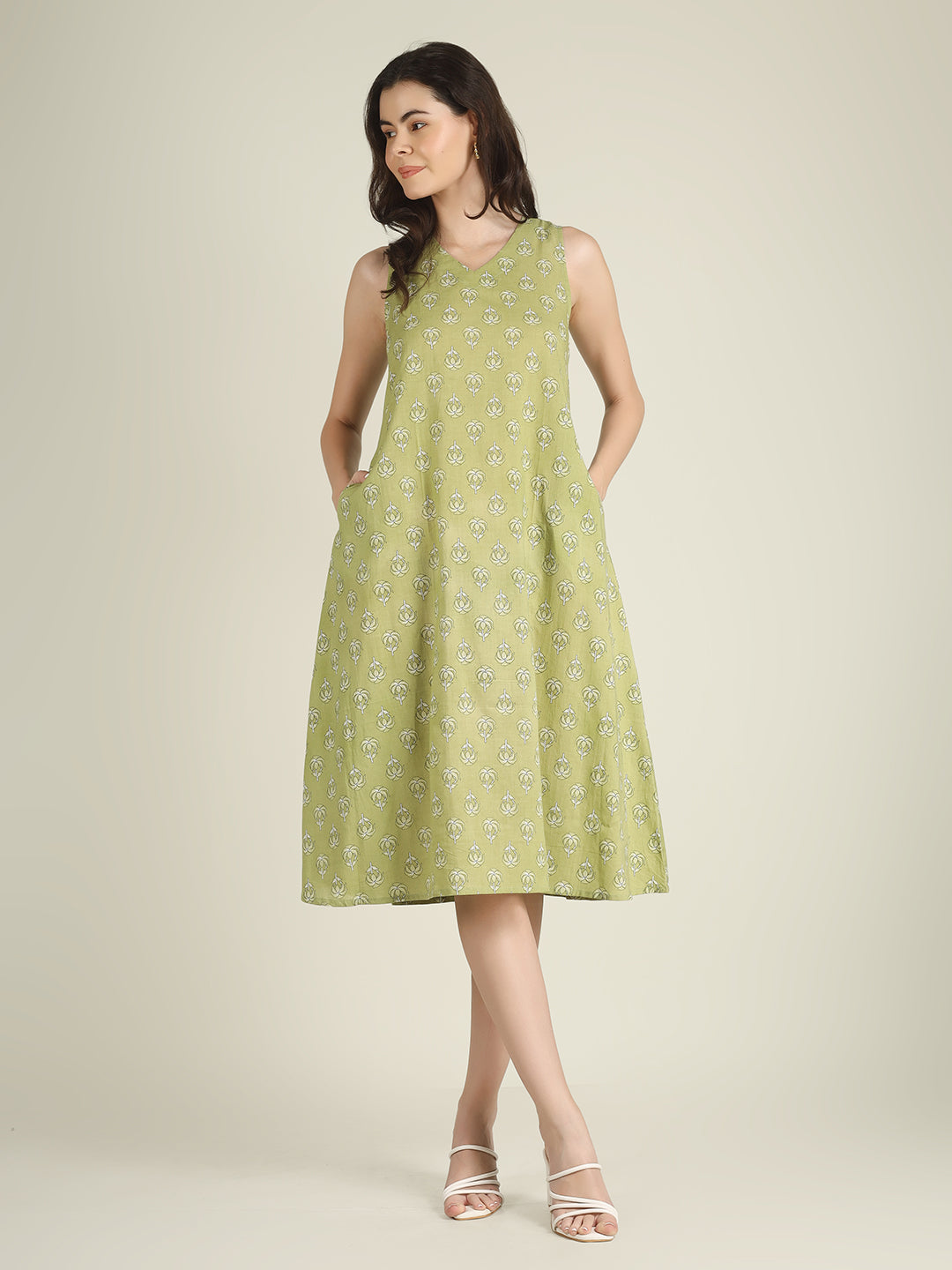 Green Printed Sleeveless V-Neck A-Line Cotton Dress