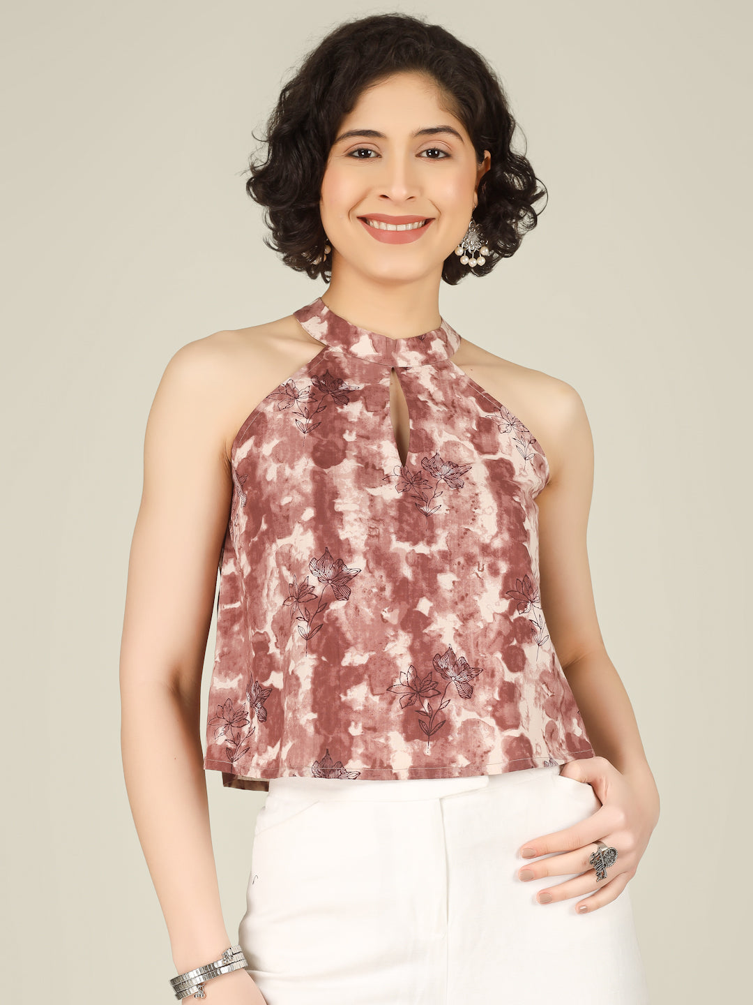 Brownish Red Printed Halter Neck Sleeveless Cotton Top