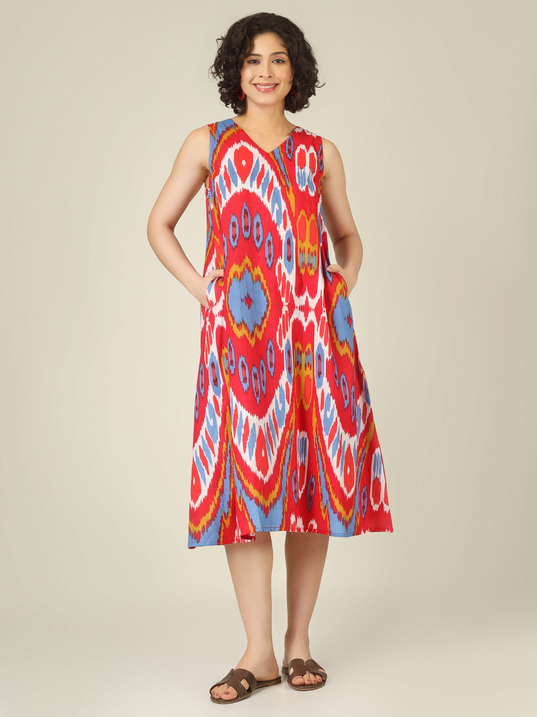 Red Printed V-Neck Sleeveless A-Line Cotton Dress