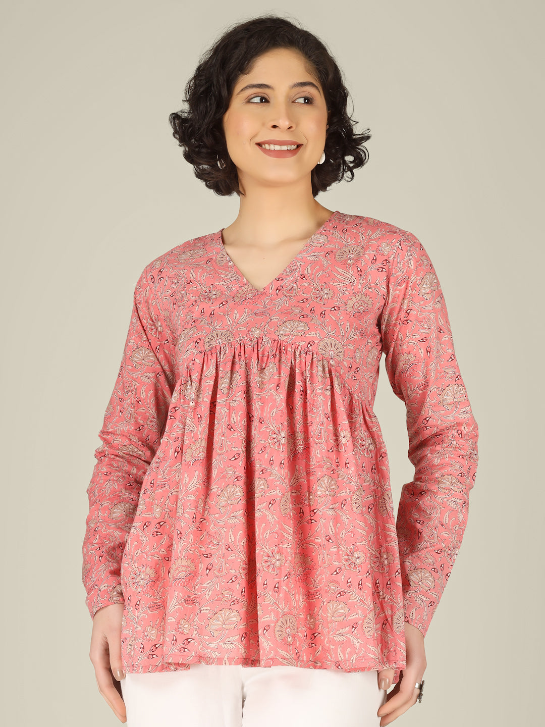 Peach Printed Alia-Cut Cotton Top