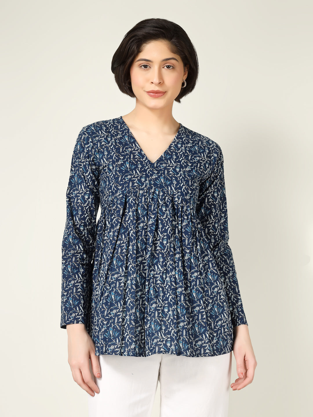 Blue Printed Full-Sleeve Alia-Cut Cotton Top