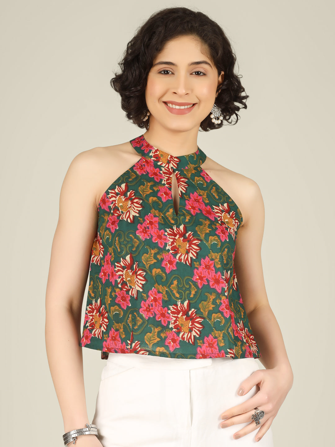 Dark Green Printed Halter Neck Sleeveless Cotton Top