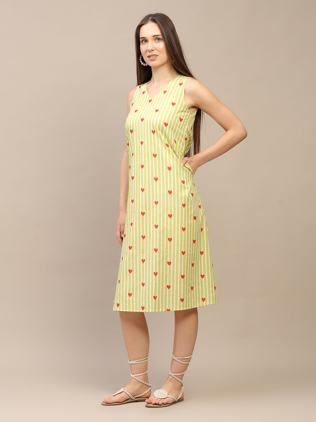 Light Green Striped V-Neck Sleeveless A-Line Cotton Dress