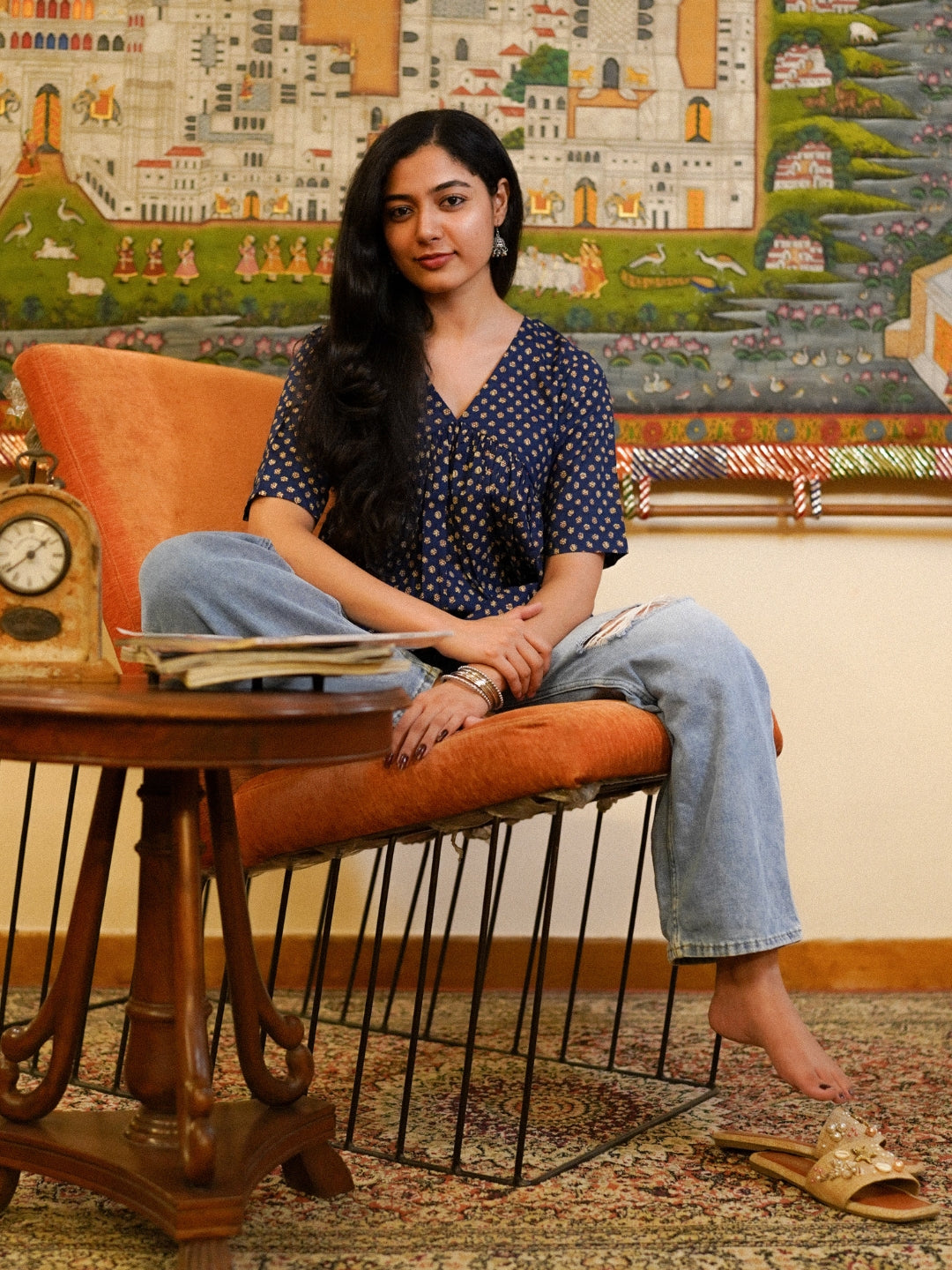 Blue Printed Half-Sleeve Alia Cut Cotton Top