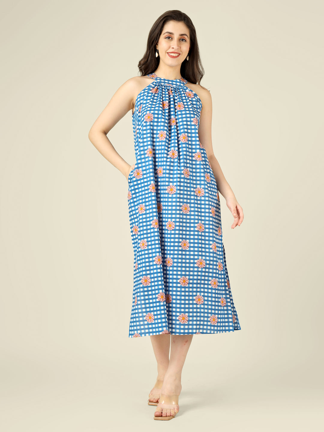 Blue Checked Halter Neck Long Sleeveless Cotton Dress