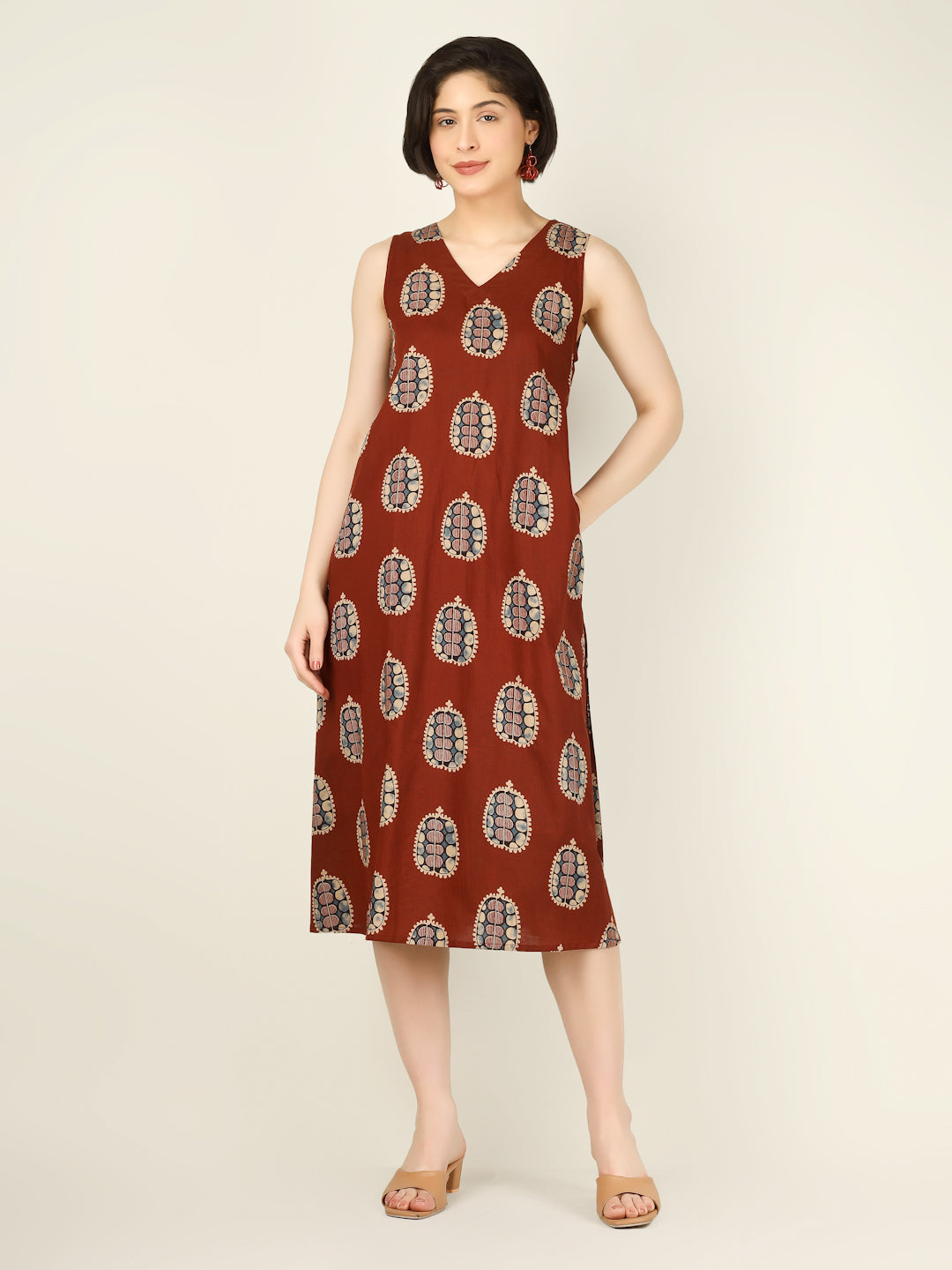 Rust Printed Sleeveless V-Neck A-Line Cotton Dress