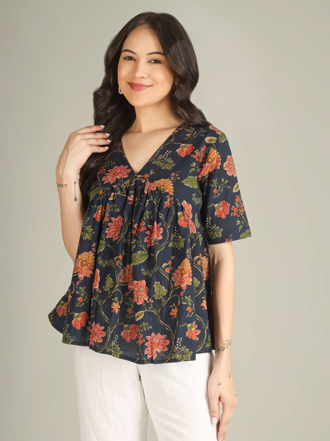 Navy Blue Printed Half-Sleeve Alia-Cut Cotton Top