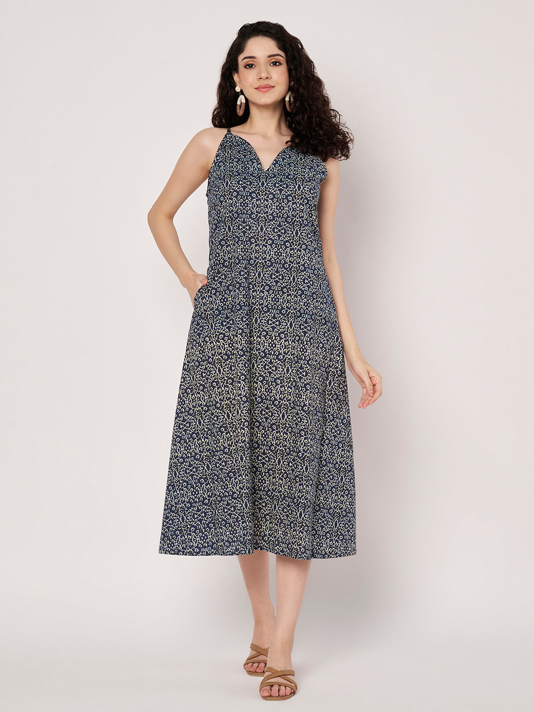 Blue Printed Sleeveless A-Line Cotton Dress
