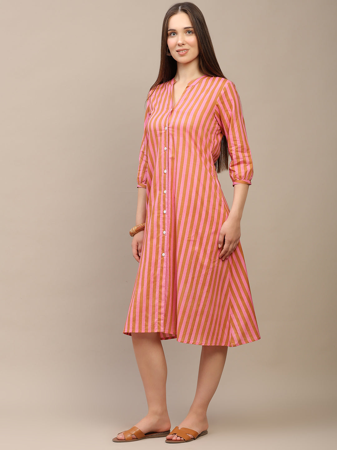 Peach Striped A-Line Cotton Dress