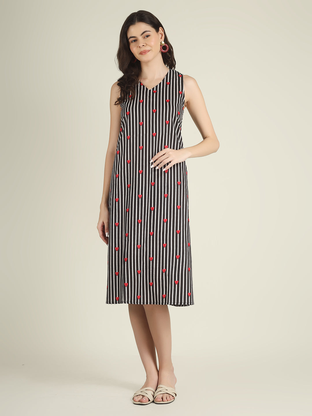 Black Striped Sleeveless V-Neck A-Line Cotton Dress