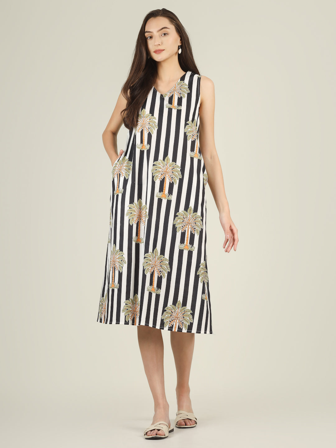 Black Striped V-Neck Sleeveless A-Line Cotton Dress