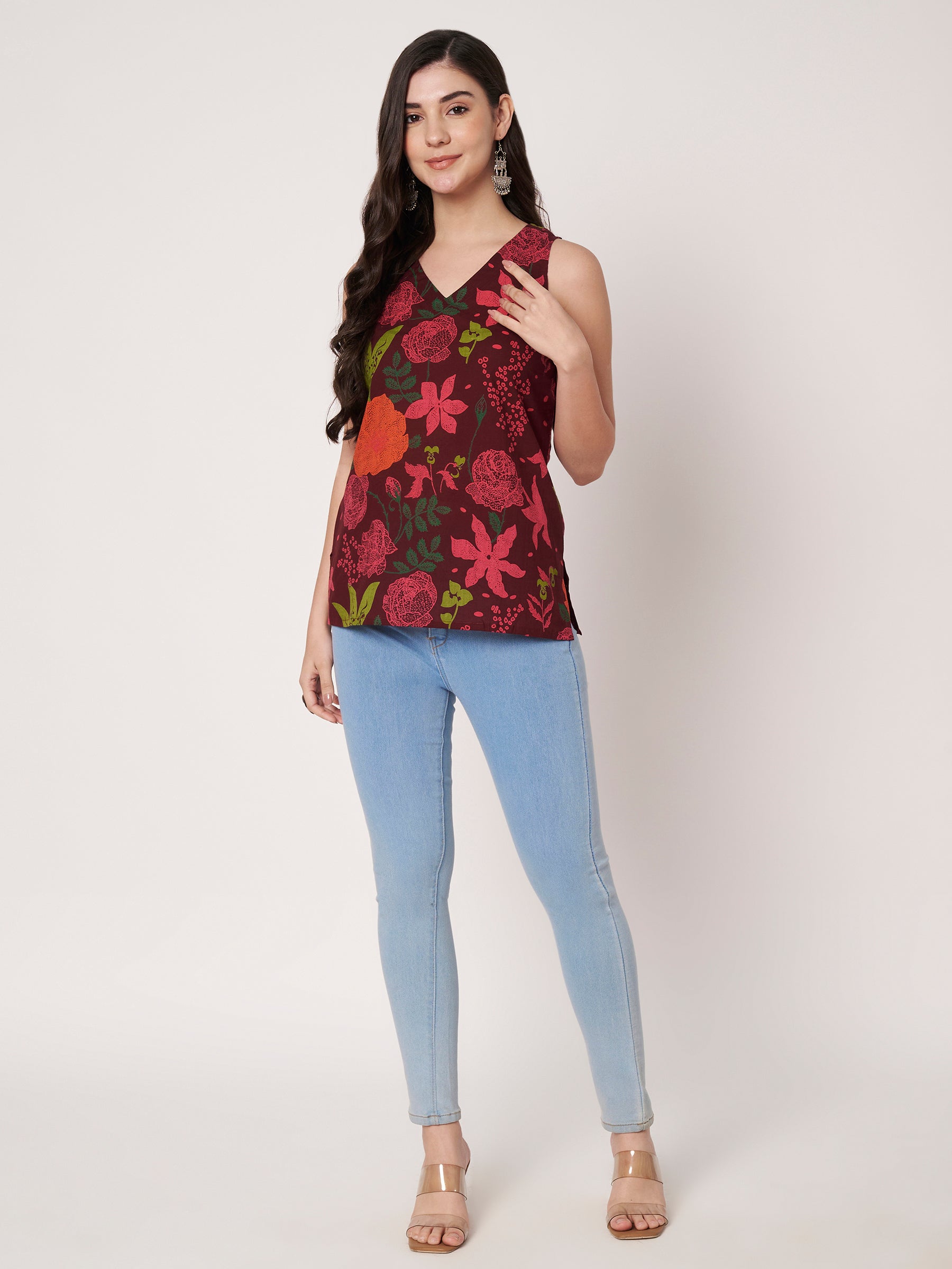 Wine Printed Sleeveless V-Neck Cotton Top