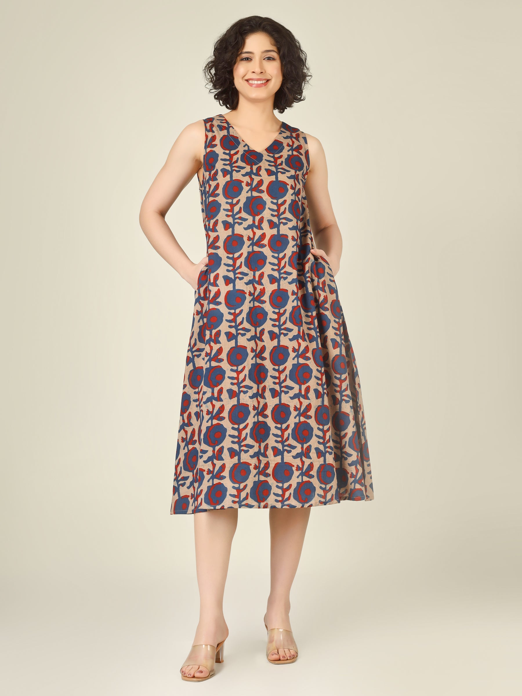 Beige Printed V-Neck Sleeveless A-Line Cotton Dress