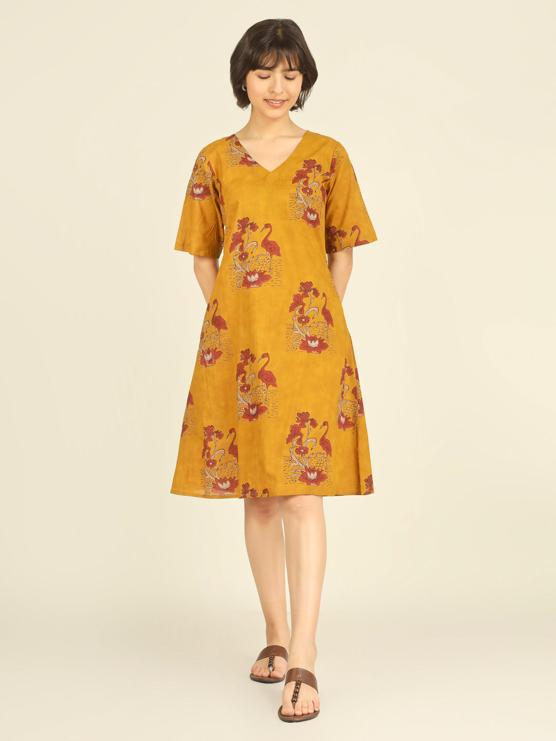 Yellow Printed Half-Sleeve A-Line Short Cotton Dress