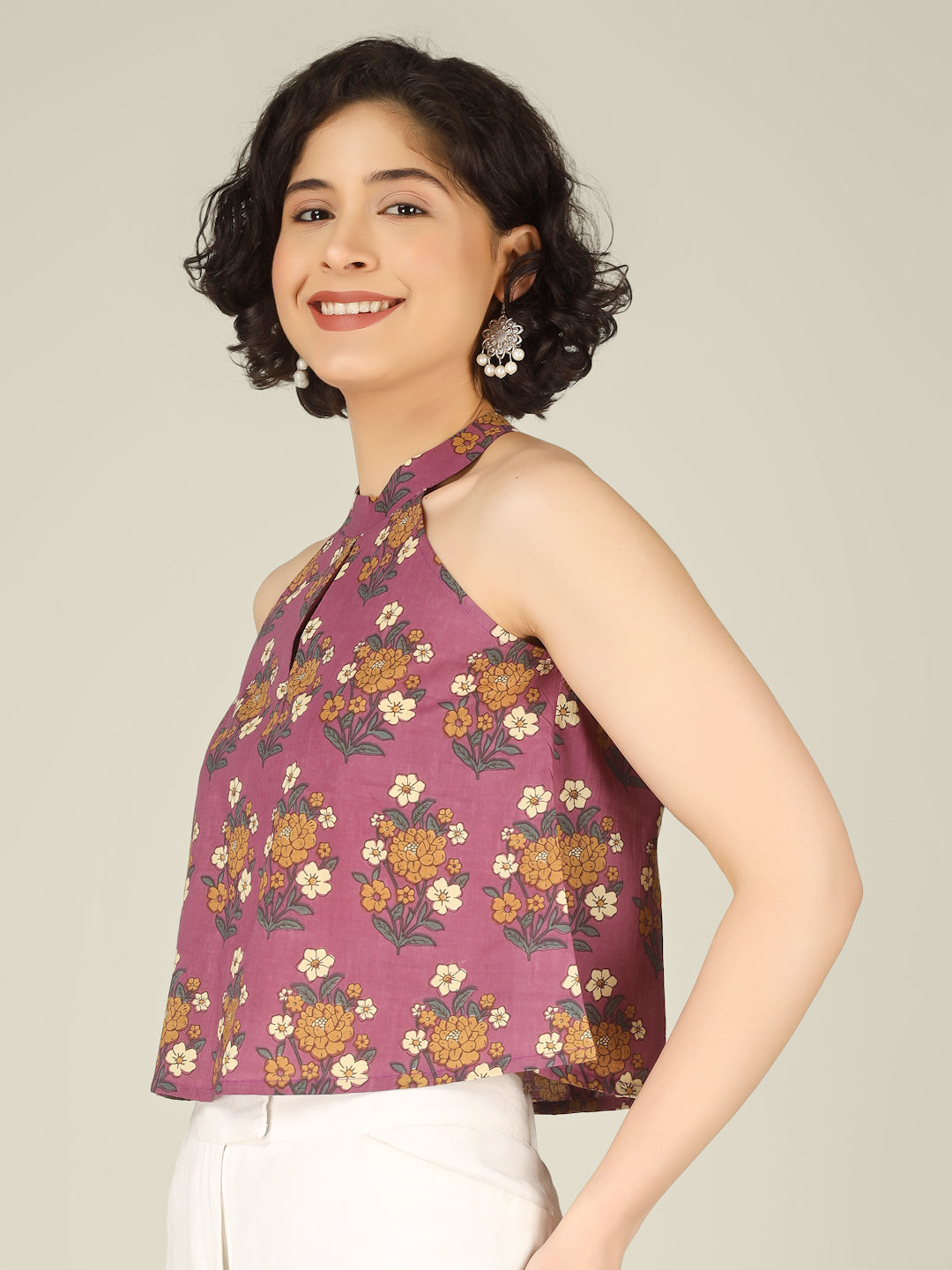 Purple Printed Halter Neck Sleeveless Cotton Top