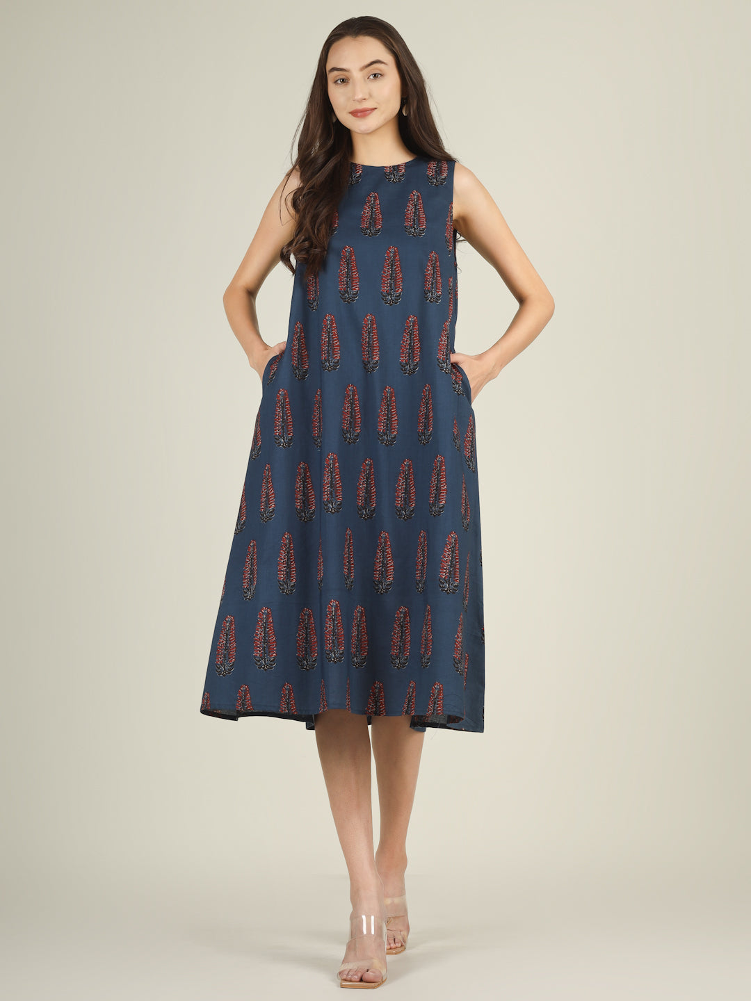 Blue Printed Sleeveless A-Line Cotton Dress