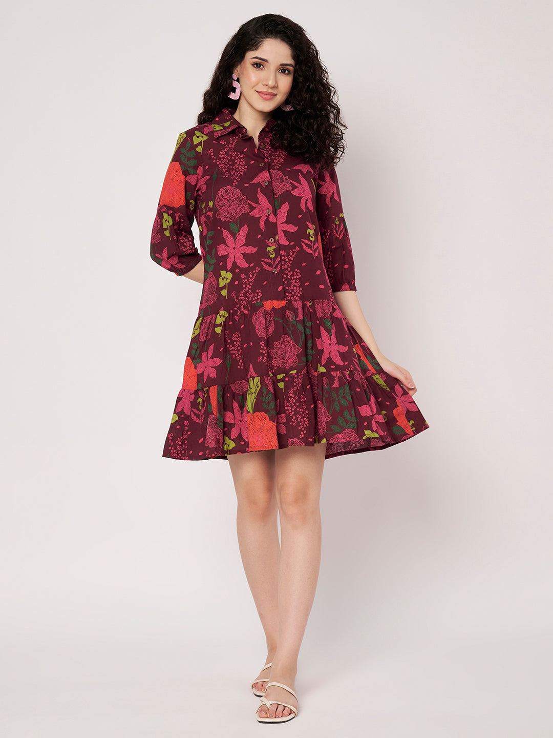 Maroon Printed Short Cotton Dress