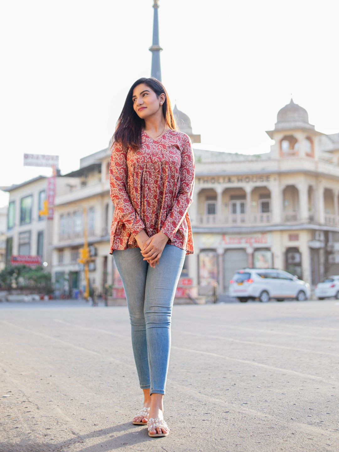 Maroon Printed Full Sleeves Alia Cut Cotton Top