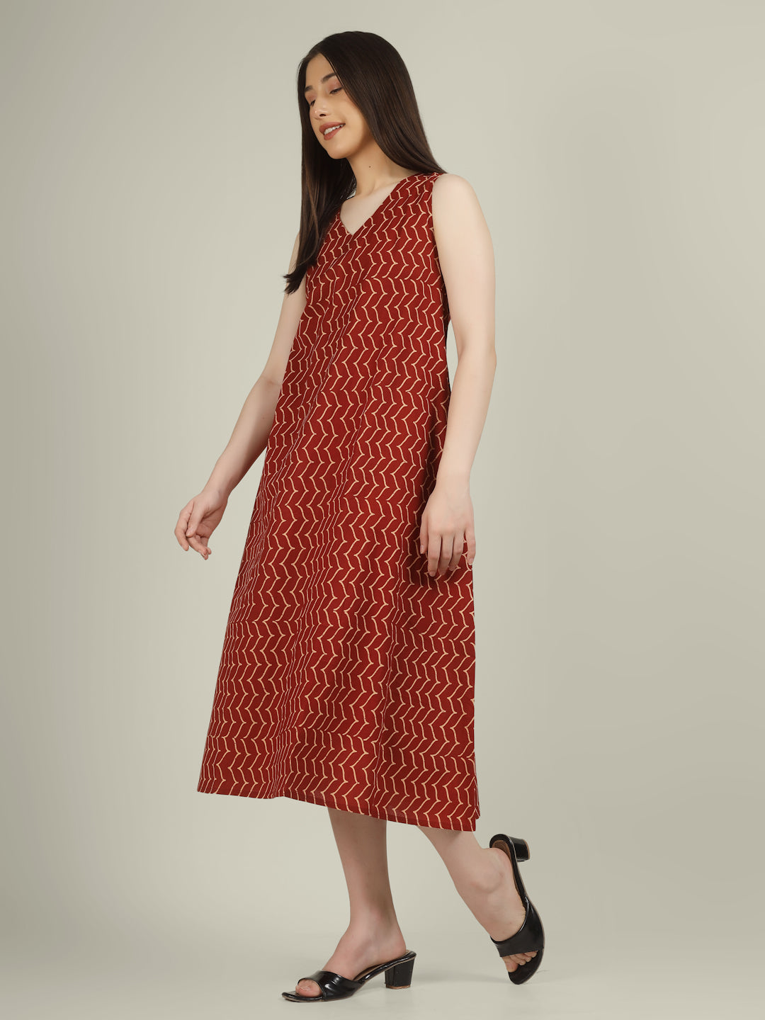 Rust Printed V-Neck Sleeveless A-Line Cotton Dress
